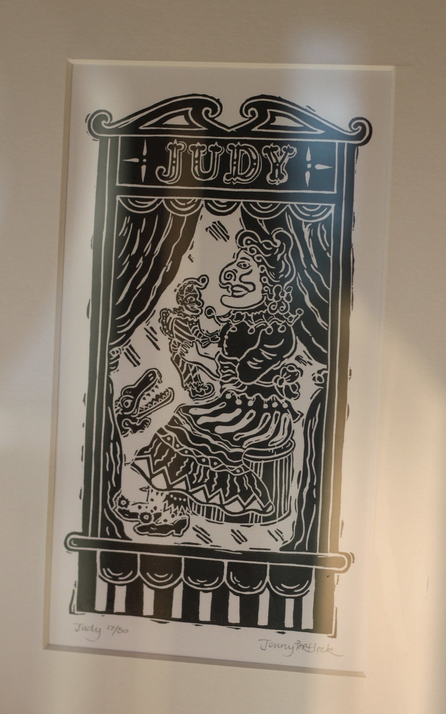 Jenny Portlock Original - Punch & Judy, Pair of Pencil Signed Linocut Prints, Limited Edition 17/50, Mounted as One - Frame 49x41cm