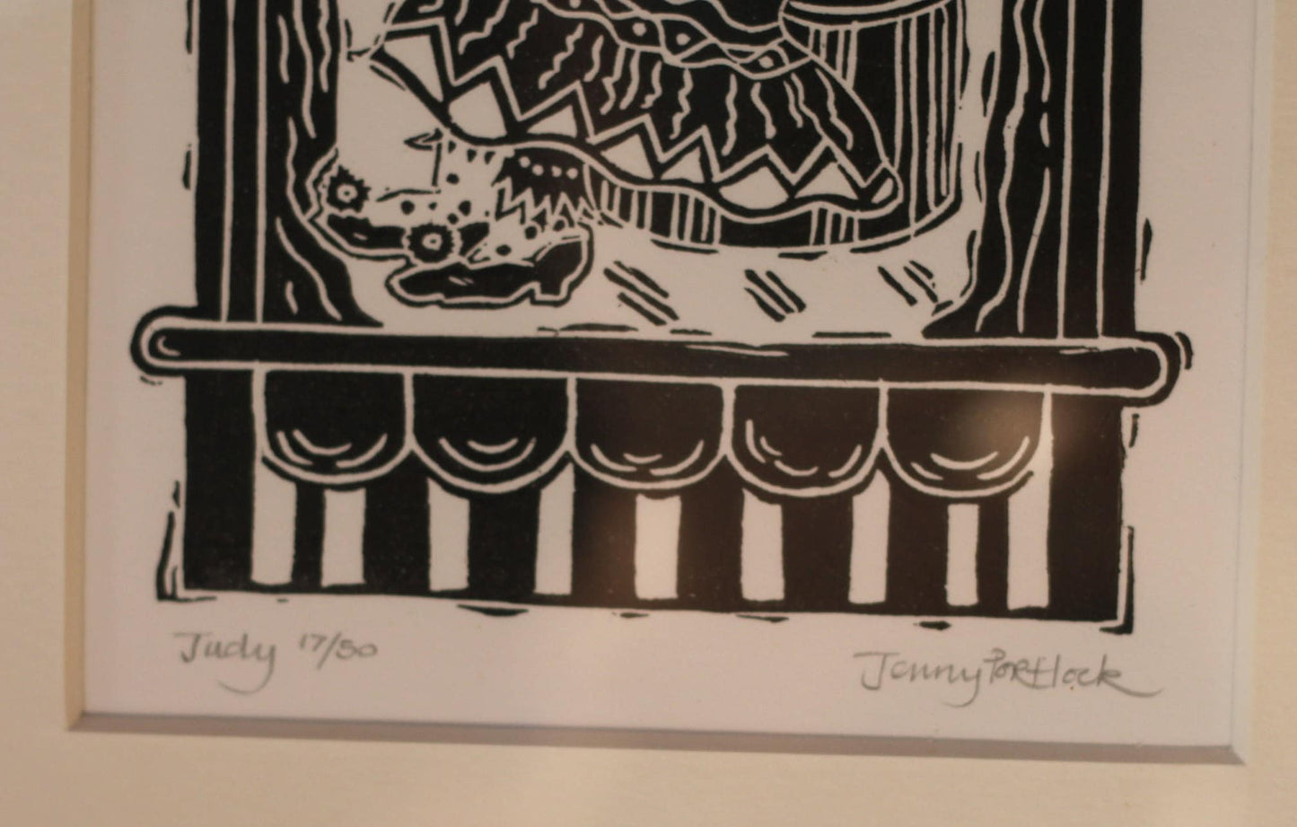 Jenny Portlock Original - Punch & Judy, Pair of Pencil Signed Linocut Prints, Limited Edition 17/50, Mounted as One - Frame 49x41cm