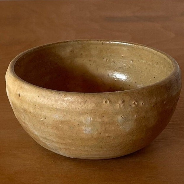 Vintage Chinese Ochre Glazed Pottery Bowl, 8cm Rustic Stoneware Cup with Unglazed Foot, Early 20th Century Oriental Ceramic