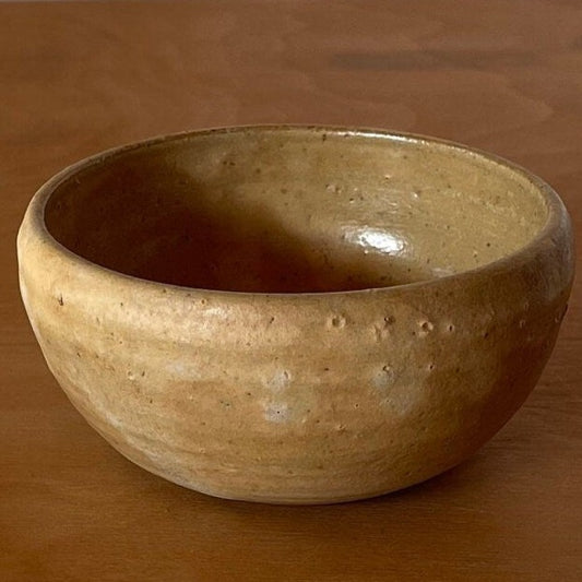 Vintage Chinese Ochre Glazed Pottery Bowl, 8cm Rustic Stoneware Cup with Unglazed Foot, Early 20th Century Oriental Ceramic