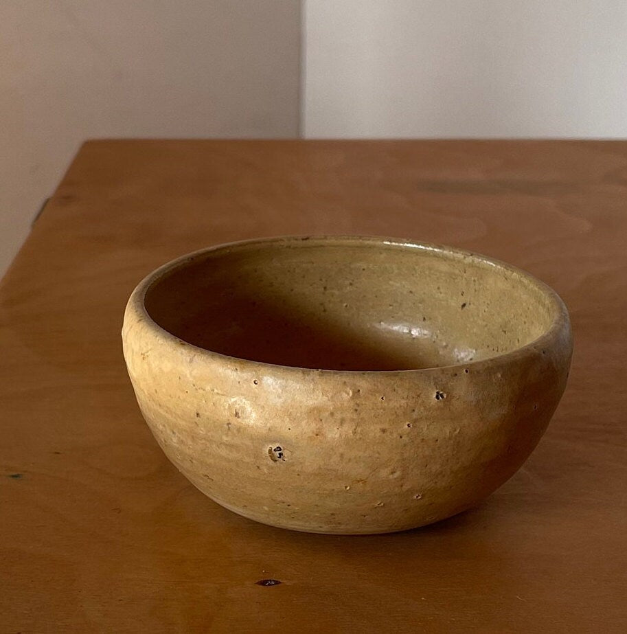 Vintage Chinese Ochre Glazed Pottery Bowl, 8cm Rustic Stoneware Cup with Unglazed Foot, Early 20th Century Oriental Ceramic