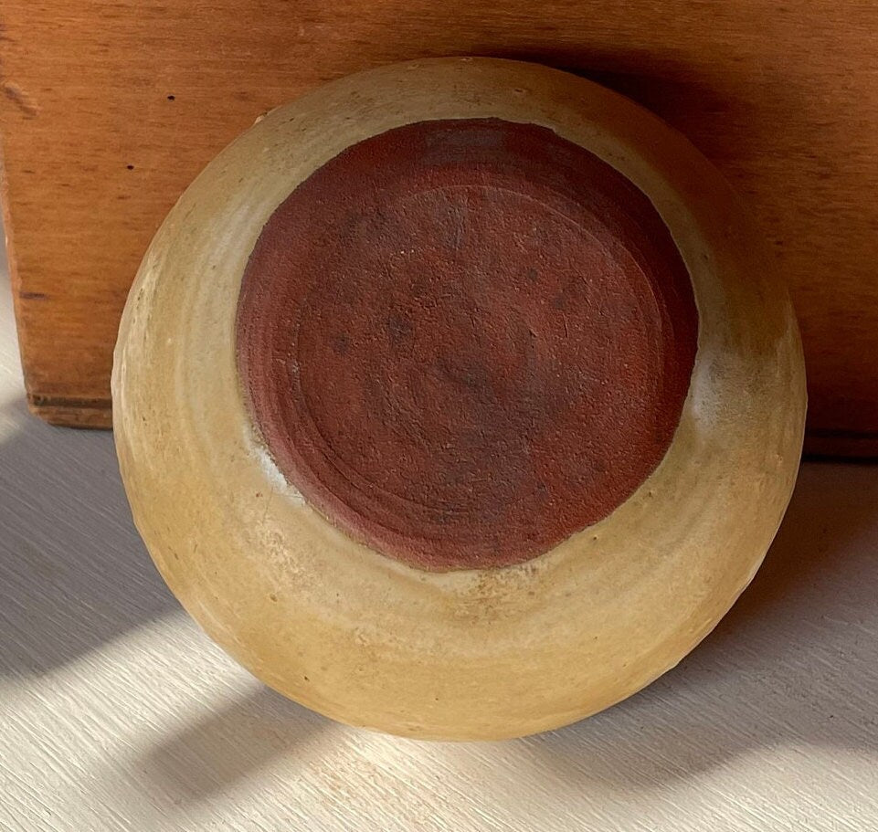 Vintage Chinese Ochre Glazed Pottery Bowl, 8cm Rustic Stoneware Cup with Unglazed Foot, Early 20th Century Oriental Ceramic