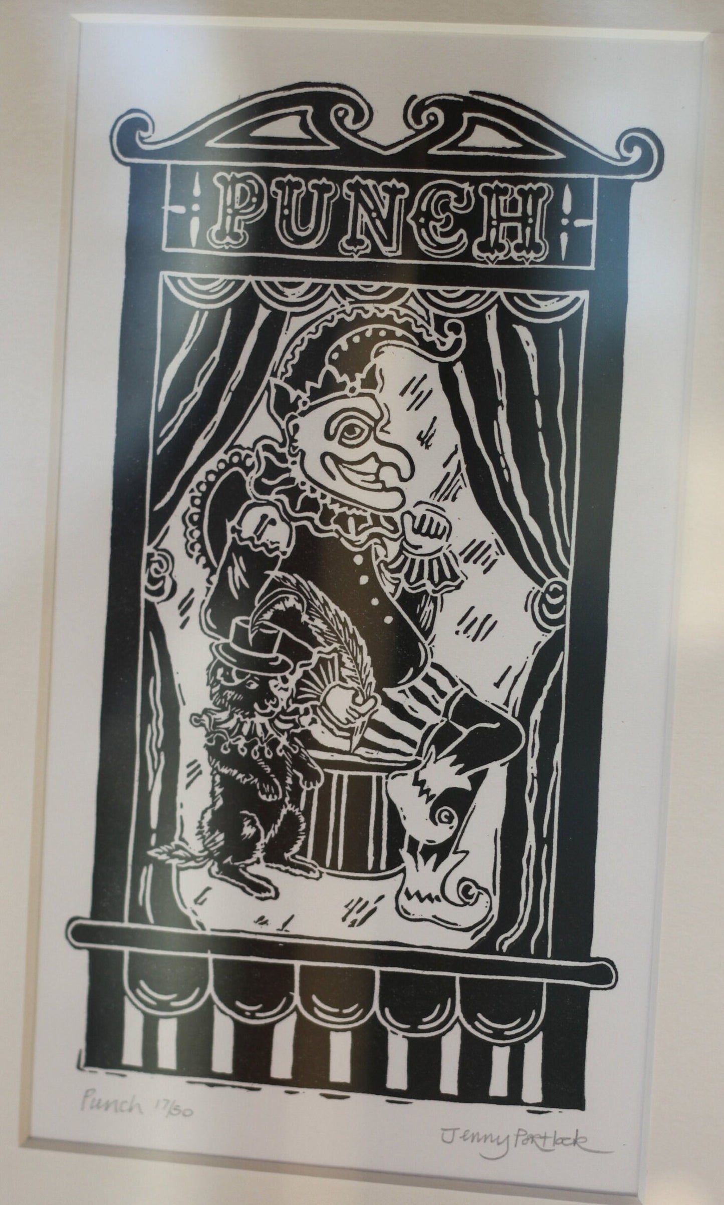 Jenny Portlock Original - Punch & Judy, Pair of Pencil Signed Linocut Prints, Limited Edition 17/50, Mounted as One - Frame 49x41cm