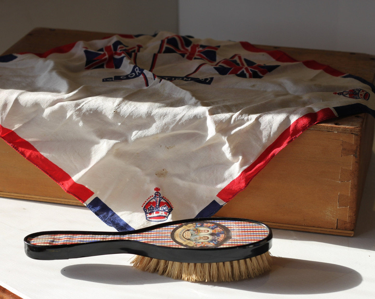 Two Vintage pieces of memorabilia Hair Brush and Silk Handkerchief To Celebrate 1937 Coronation of King Edward V1