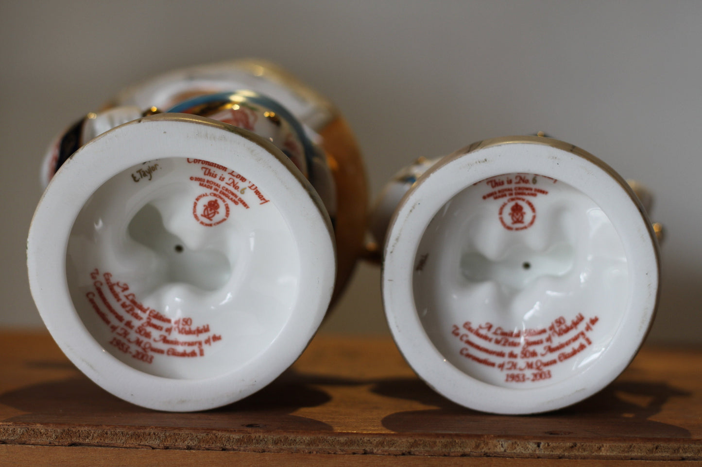 Two limited Edition 6 of 50 Boxed Royal Crown Derby Coronation Tall and Low dwarfs