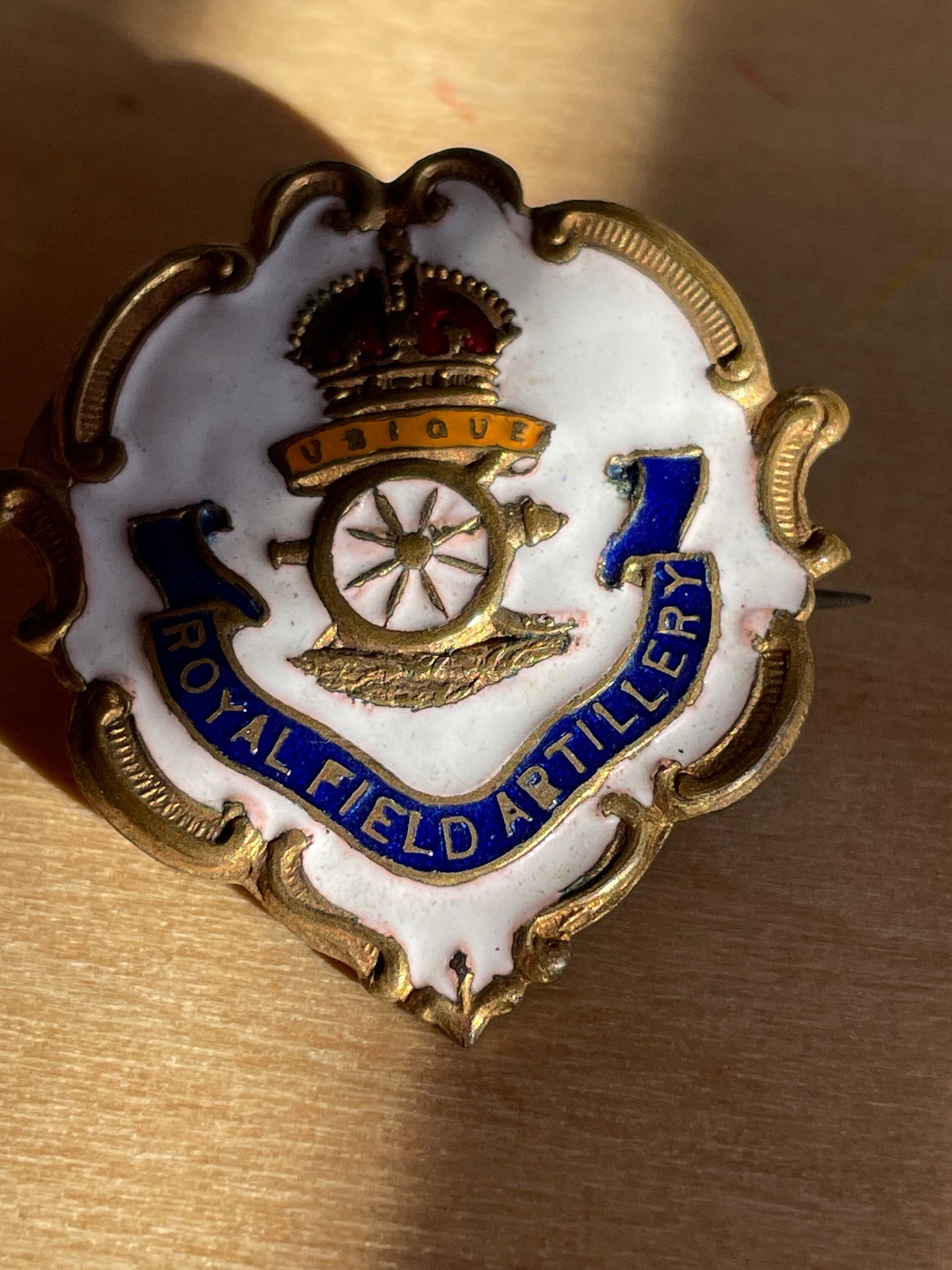 Sort After Royal Field Artillery White Face Enamel Sweetheart Brooch With The Yellow Ubique background