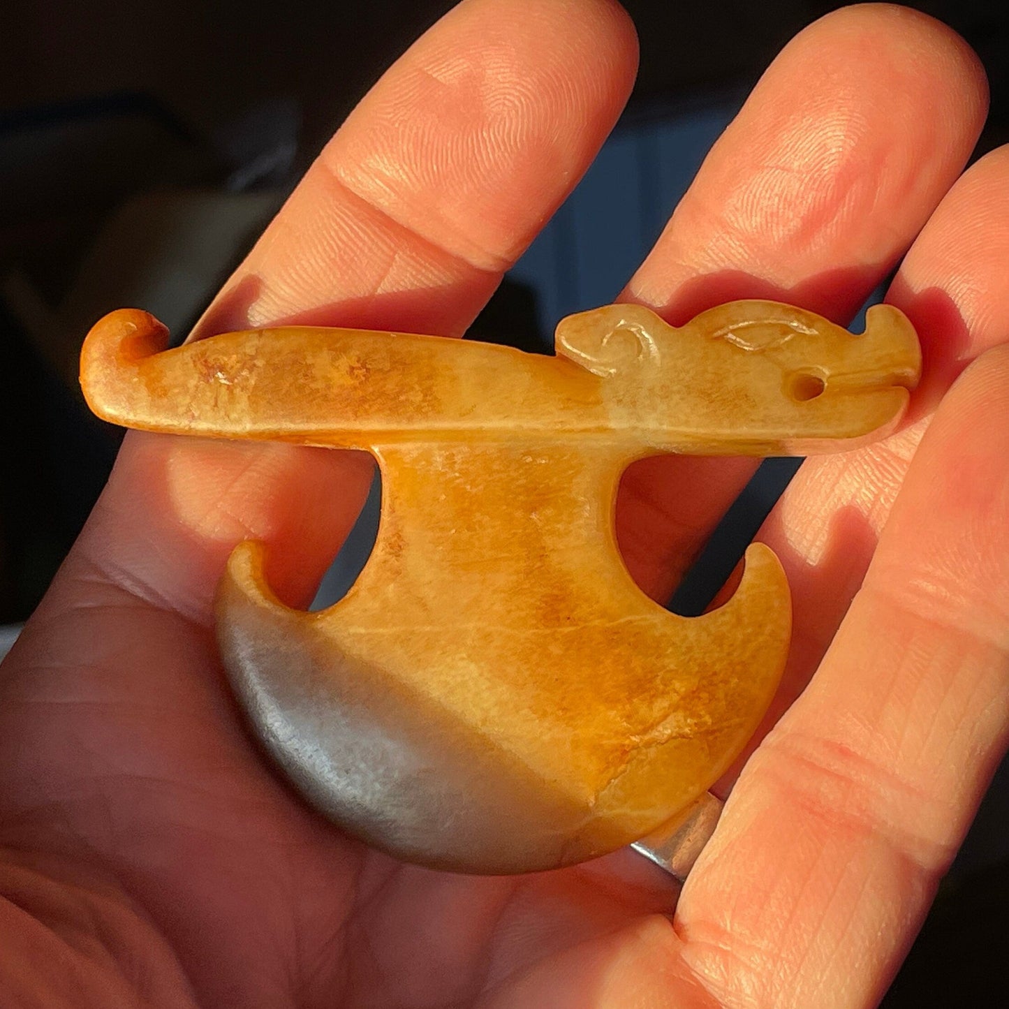 A Chinese Archaistic Hardstone Carving 7.5x5cm -  Ceremonial axe with head of a Chinese Mythical creature