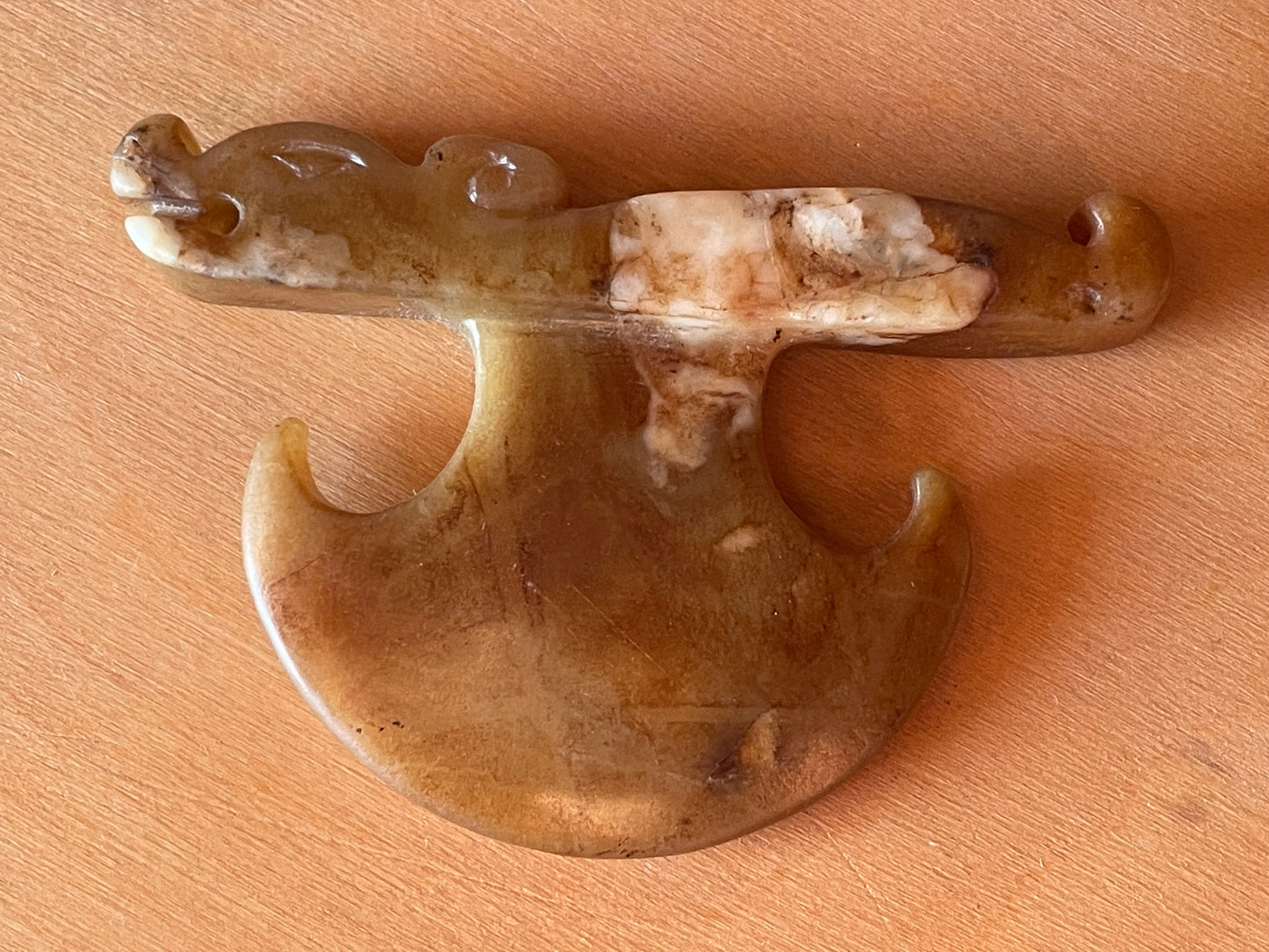 A Chinese Archaistic Hardstone Carving 7.5x5cm - Ceremonial axe with head of a Chinese Mythical creature