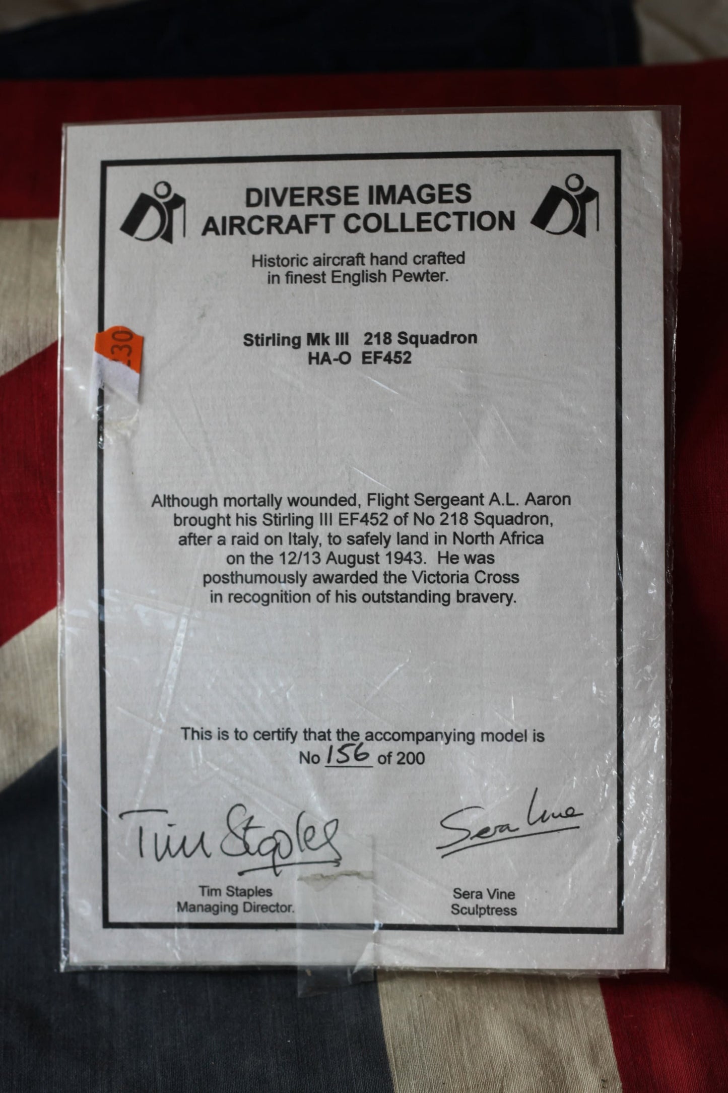 A limited Edition Stirling Mk III Pewter Model by Diverse Images To Celebrate Flight Sergeant A.L. Aaron and His Bravery