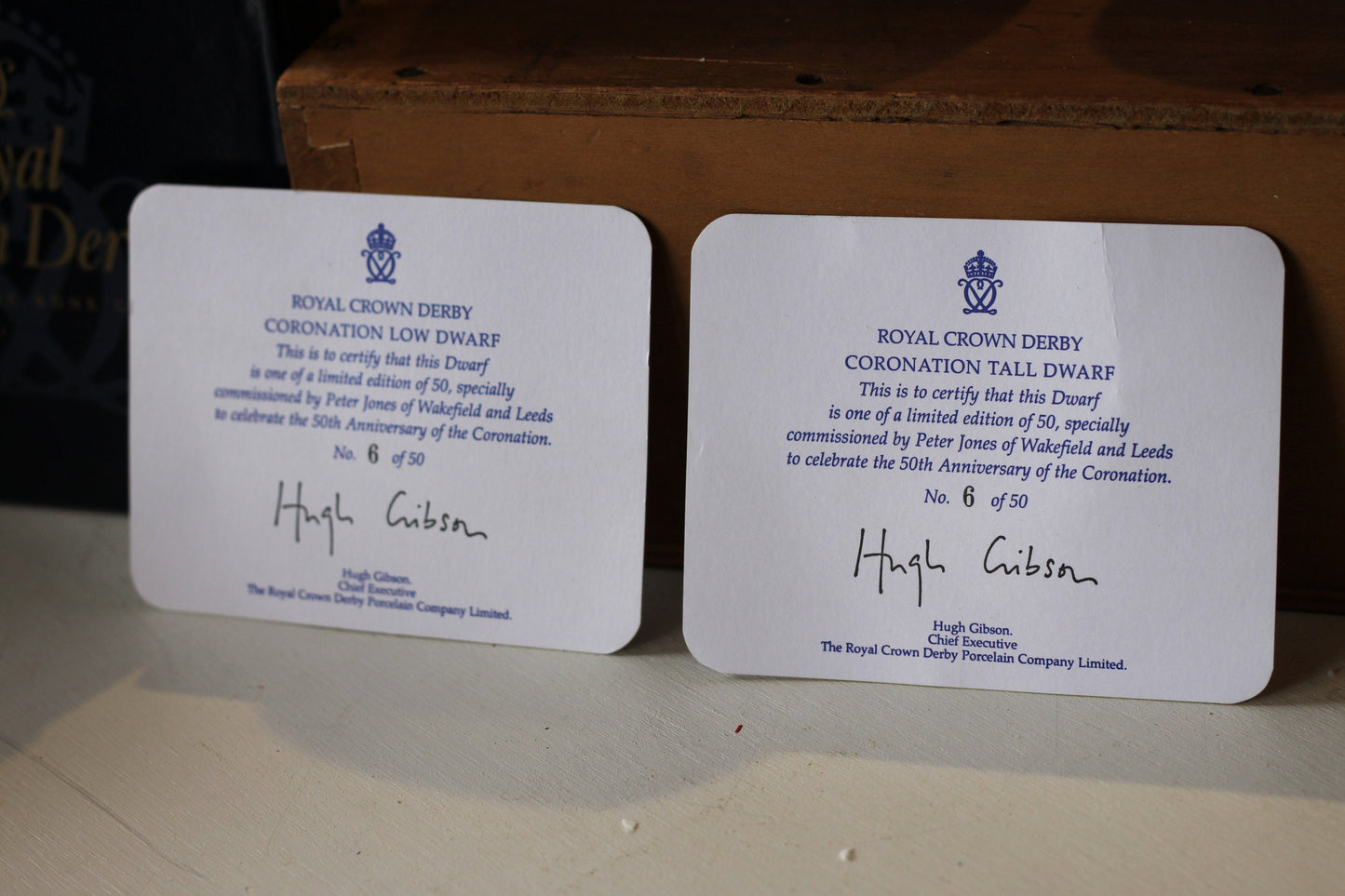 Two limited Edition 6 of 50 Boxed Royal Crown Derby Coronation Tall and Low dwarfs