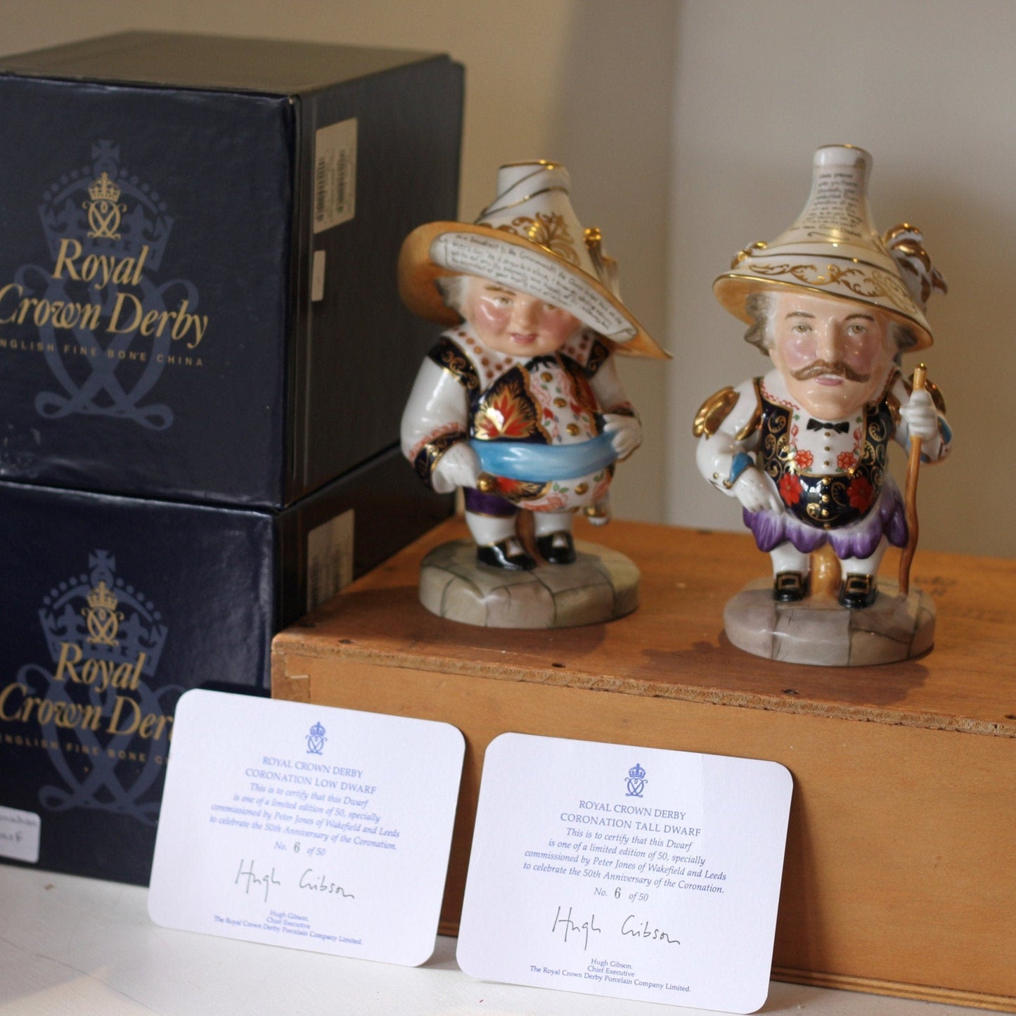 Two limited Edition 6 of 50 Boxed Royal Crown Derby Coronation Tall and Low dwarfs
