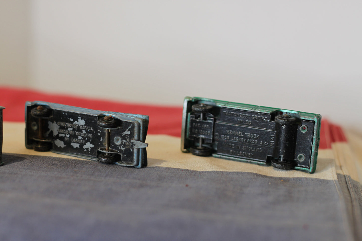 Four Diecast Metal Toy Cars by Lesney - Matchbox Series No.s 50, 57, and 31 From The 1960's