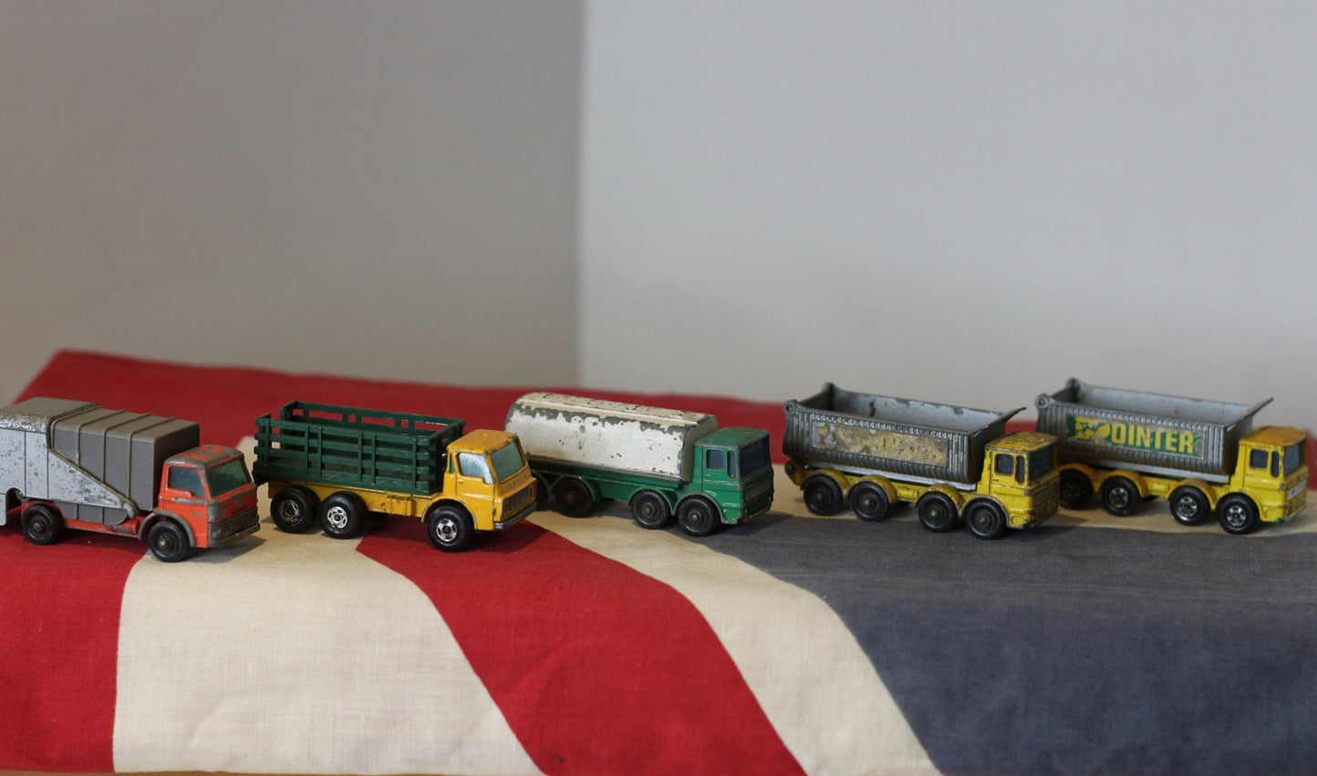 Five Diecast Metal Lesney Toy Trucks - Matchbox Series 51, 4, 32, and 7 From The 1970's - All 7.5cm Long