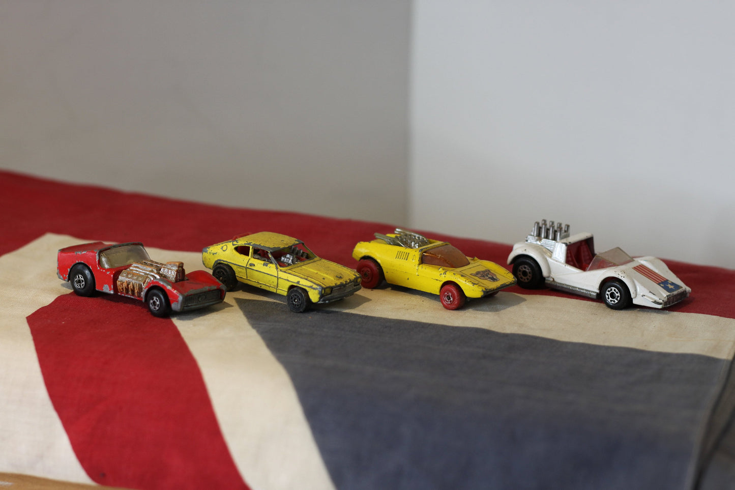 Four Diecast Metal Hot Rod Corgi Junior and Lesney Matchbox Toy Cars From The 1970's