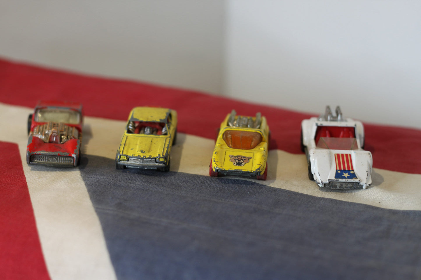 Four Diecast Metal Hot Rod Corgi Junior and Lesney Matchbox Toy Cars From The 1970's