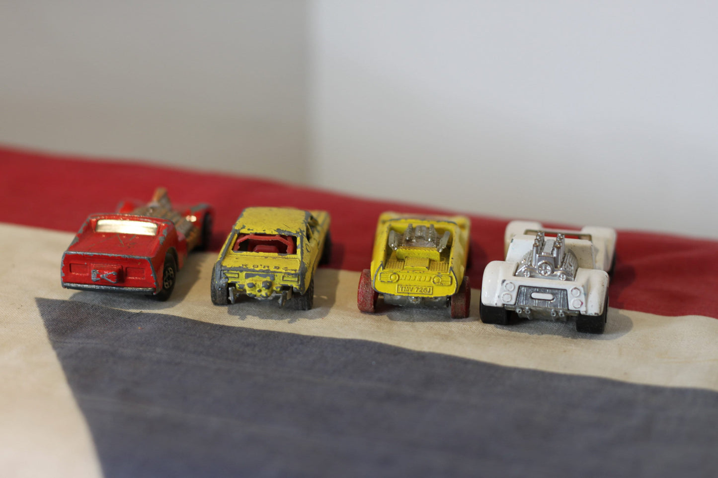 Four Diecast Metal Hot Rod Corgi Junior and Lesney Matchbox Toy Cars From The 1970's