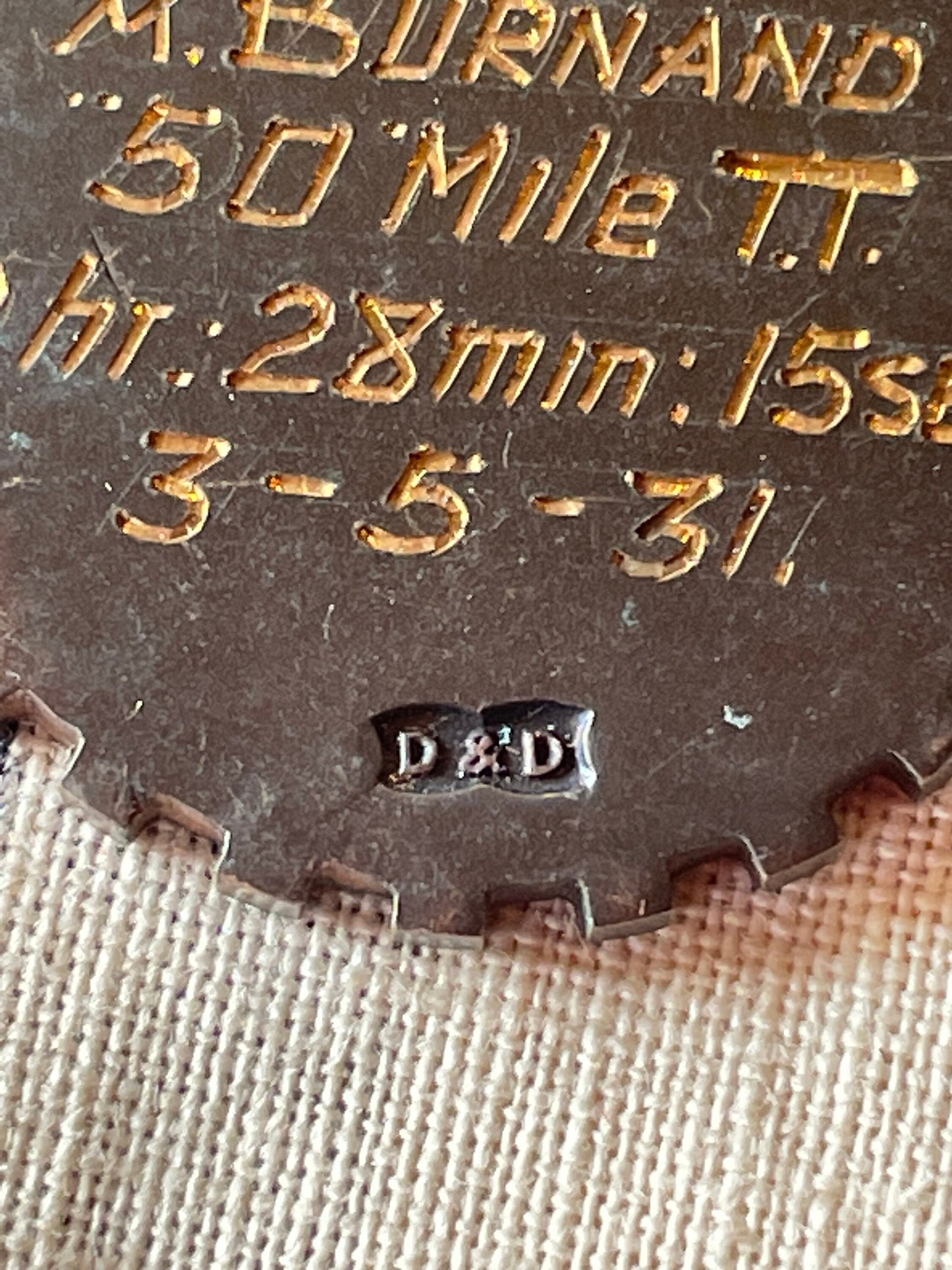 A Medallion Fob Awarded to A. Burnand For The 50 mile T.T. 2hr 28min 15sec 3rd May 1931 By The Tooting Bicycle Club London