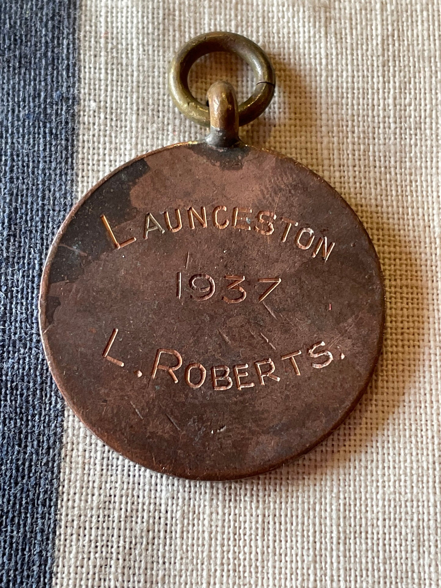 A Pendant Medallion Fob Awarded To L. Roberts in 1937 Launceston For Music 26mm Dia