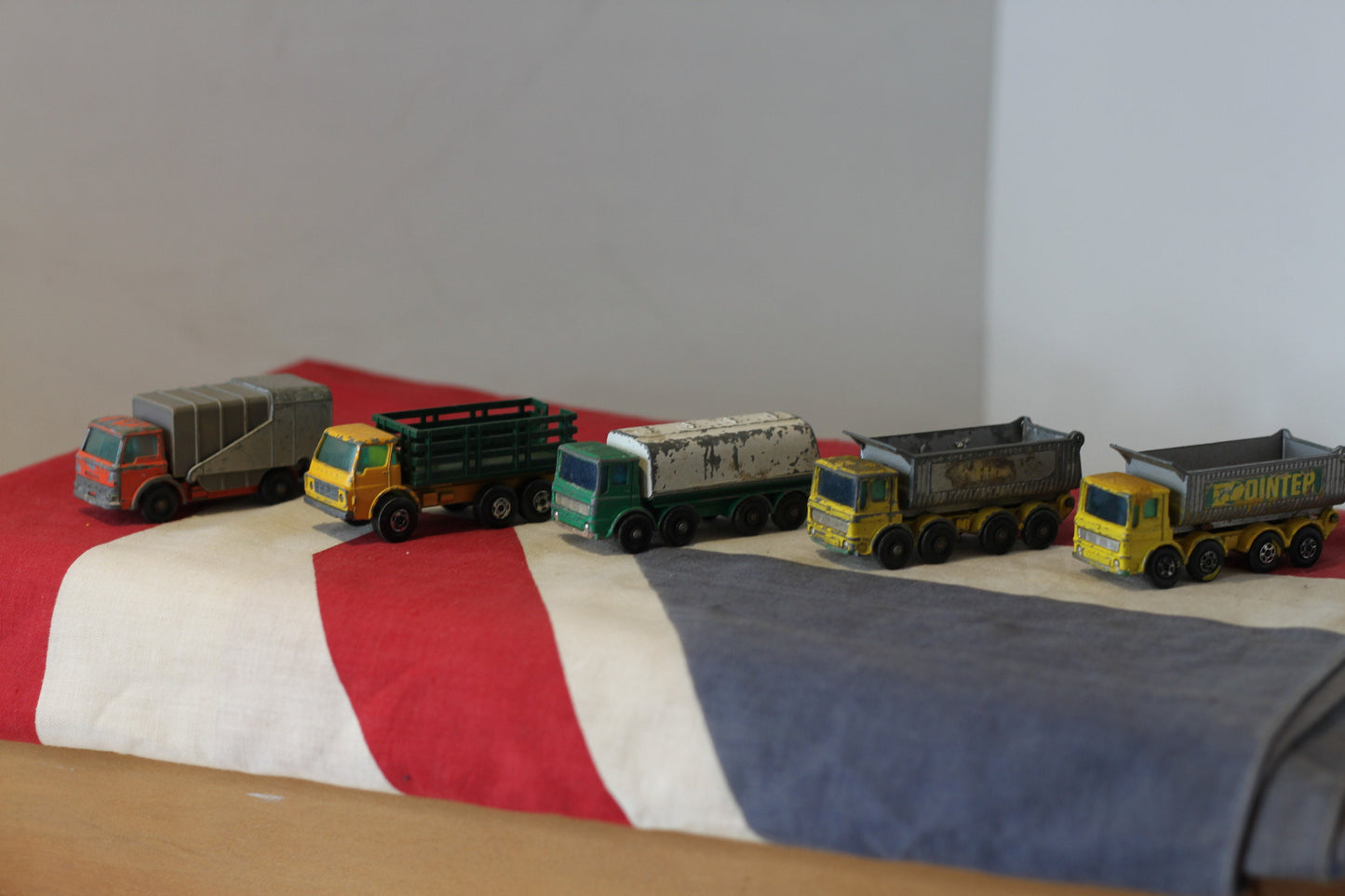 Five Diecast Metal Lesney Toy Trucks - Matchbox Series 51, 4, 32, and 7 From The 1970's - All 7.5cm Long