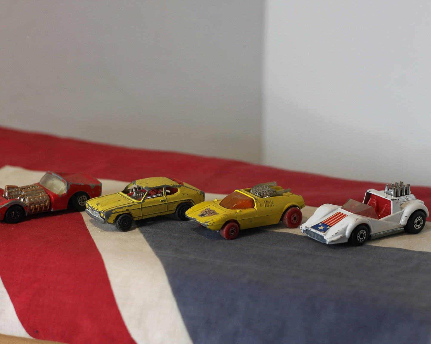 Four Diecast Metal Hot Rod Corgi Junior and Lesney Matchbox Toy Cars From The 1970's