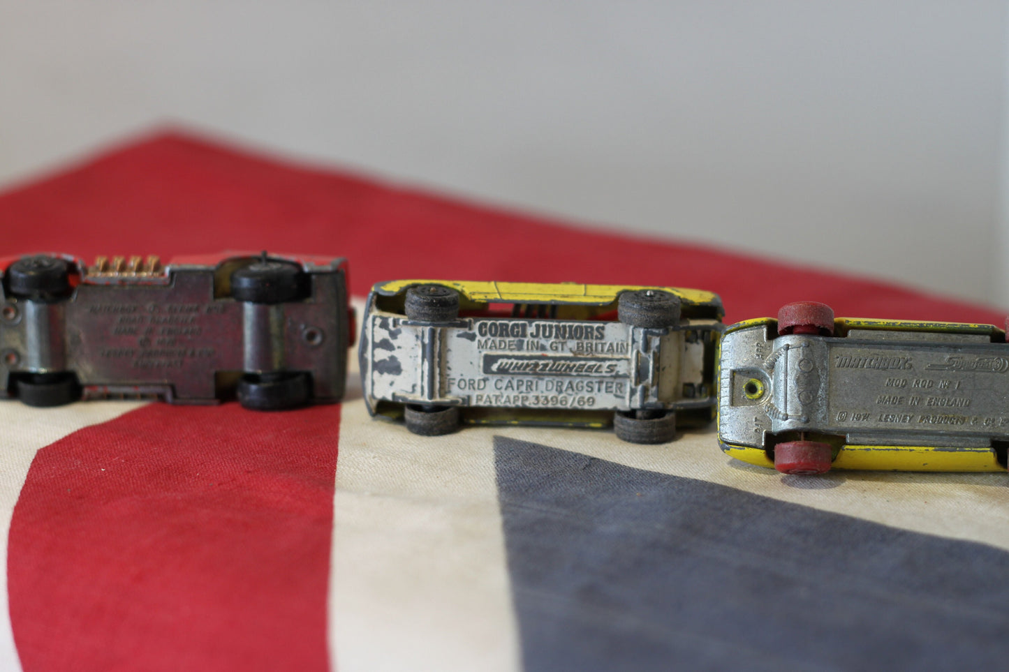 Four Diecast Metal Hot Rod Corgi Junior and Lesney Matchbox Toy Cars From The 1970's