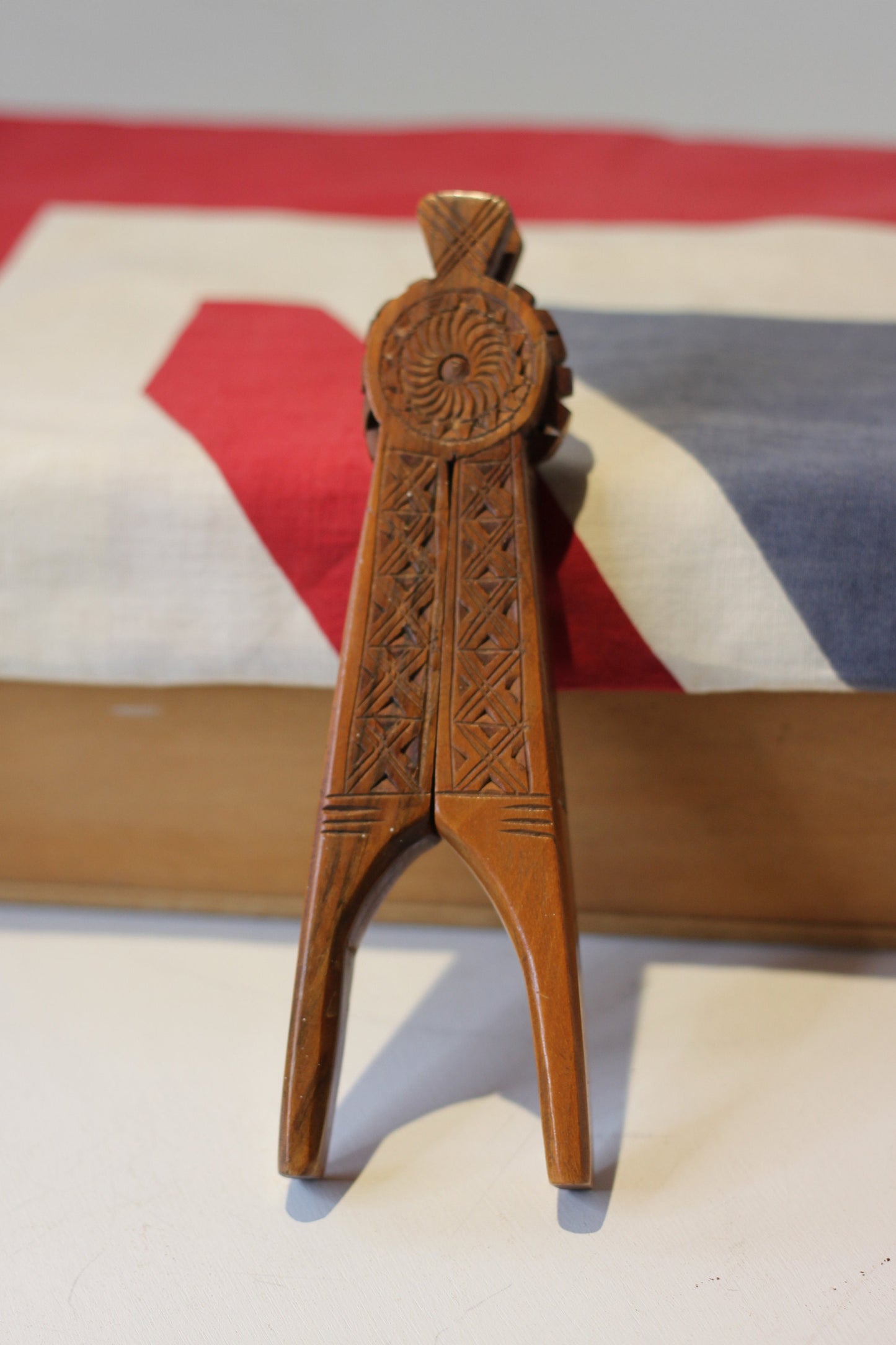 A Set of Vintage Folk Art Hand Carved Wooden Nutcrackers With Decorative Carvings 20cm Long