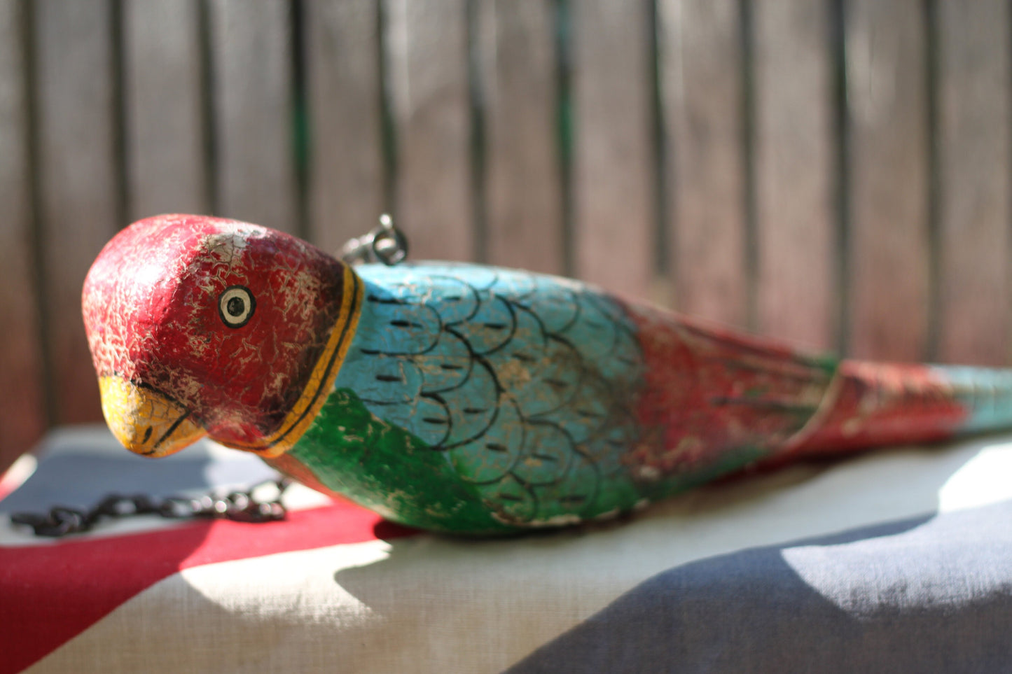 A Hand Made and Painted Colourful Hanging Wooden Parrot 43cm Long