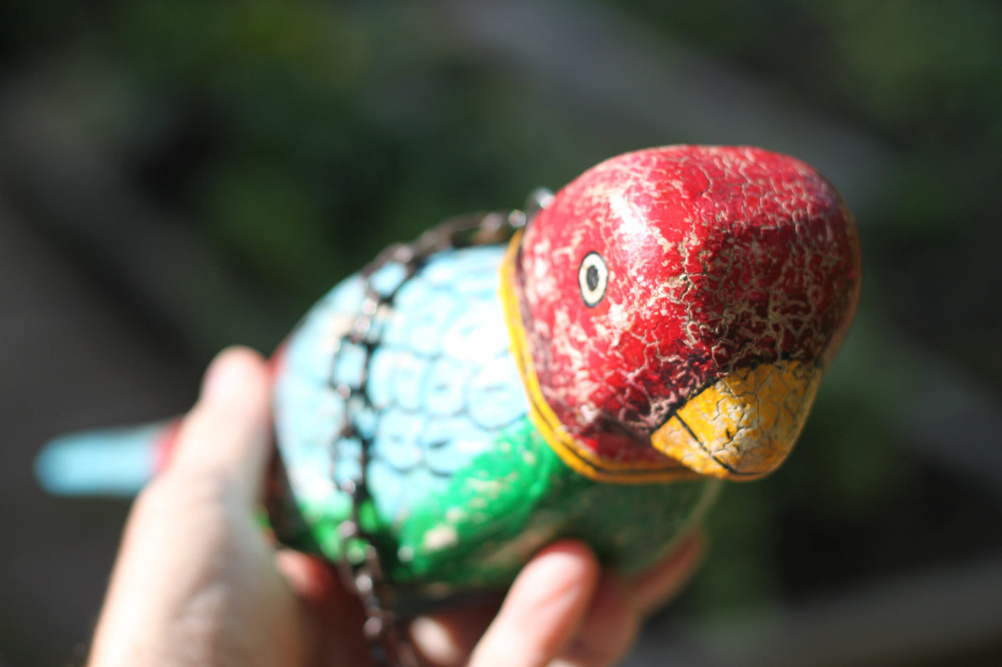 A Hand Made and Painted Colourful Hanging Wooden Parrot 43cm Long