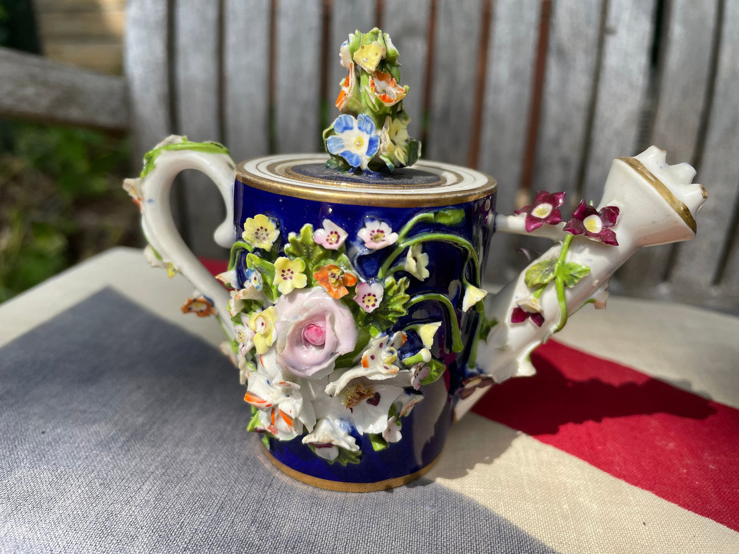 Two Bloor Derby Flower Encrusted Rosewater Teapot Toy Porcelain Sprinklers Modelled as Watering Cans, c.1825 - 9cm high