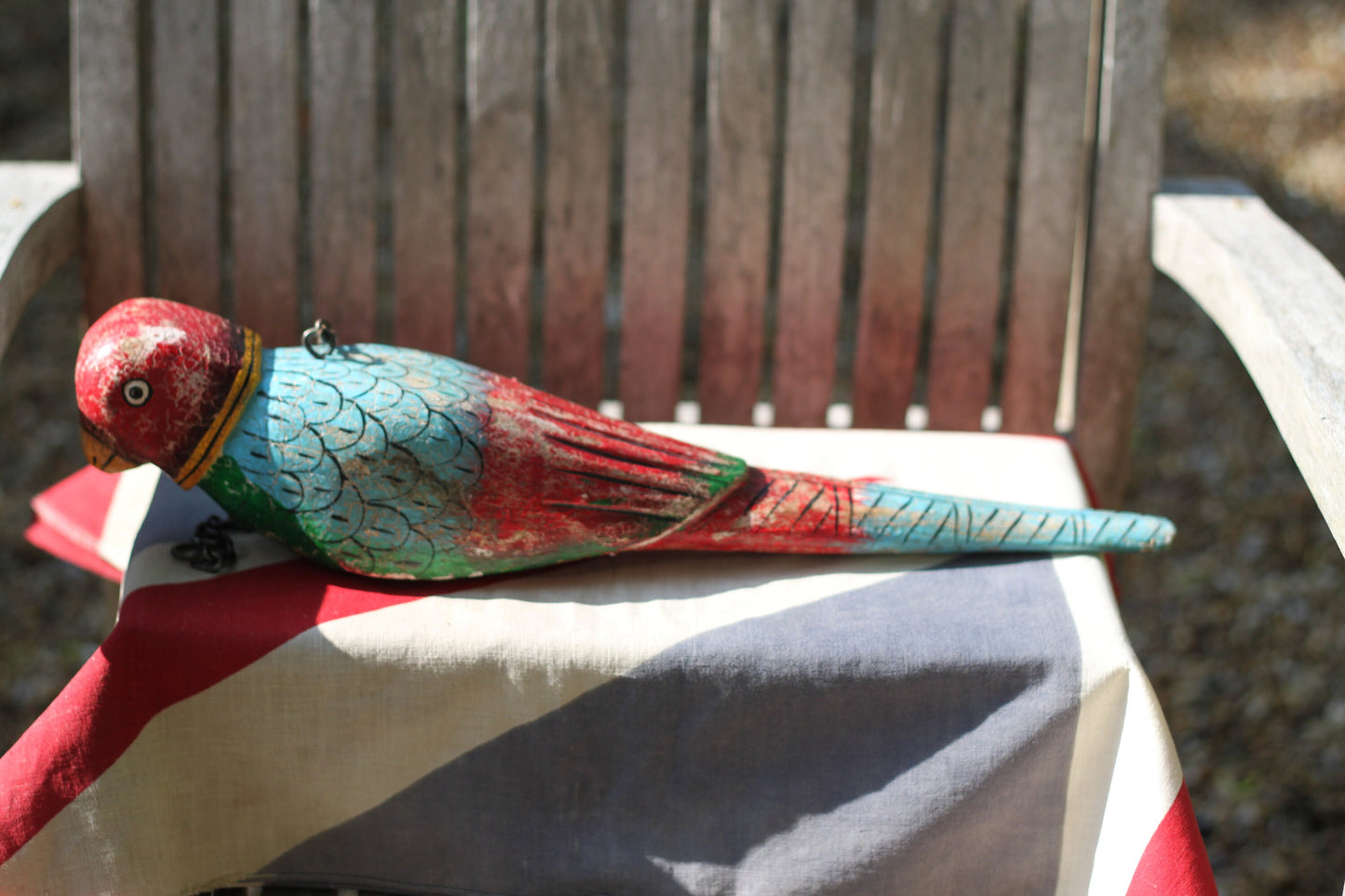 A Hand Made and Painted Colourful Hanging Wooden Parrot 43cm Long