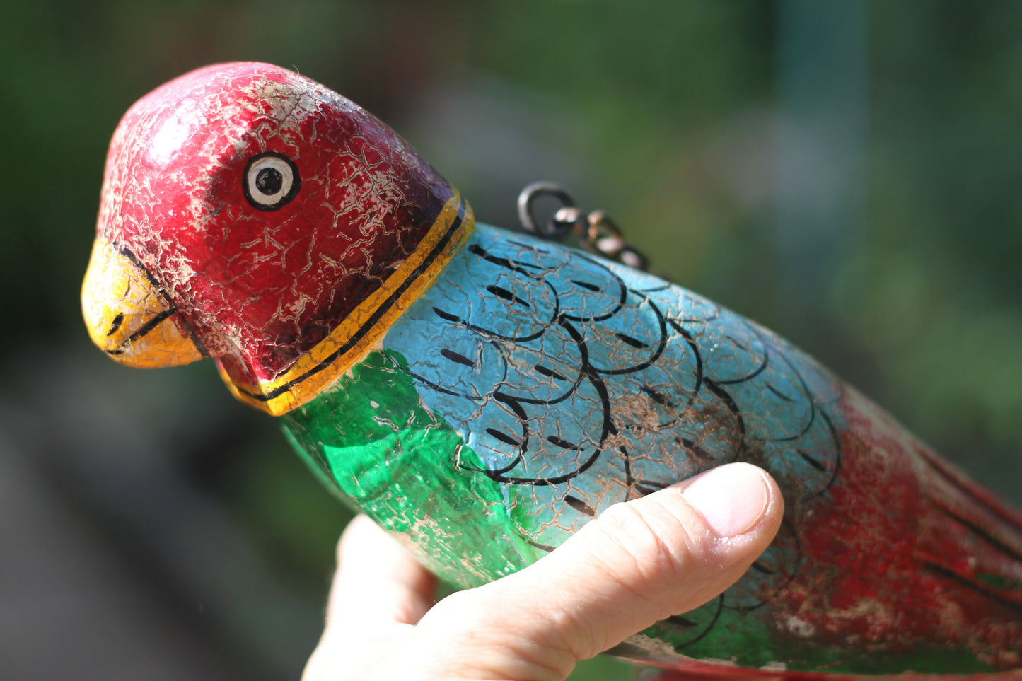 A Hand Made and Painted Colourful Hanging Wooden Parrot 43cm Long