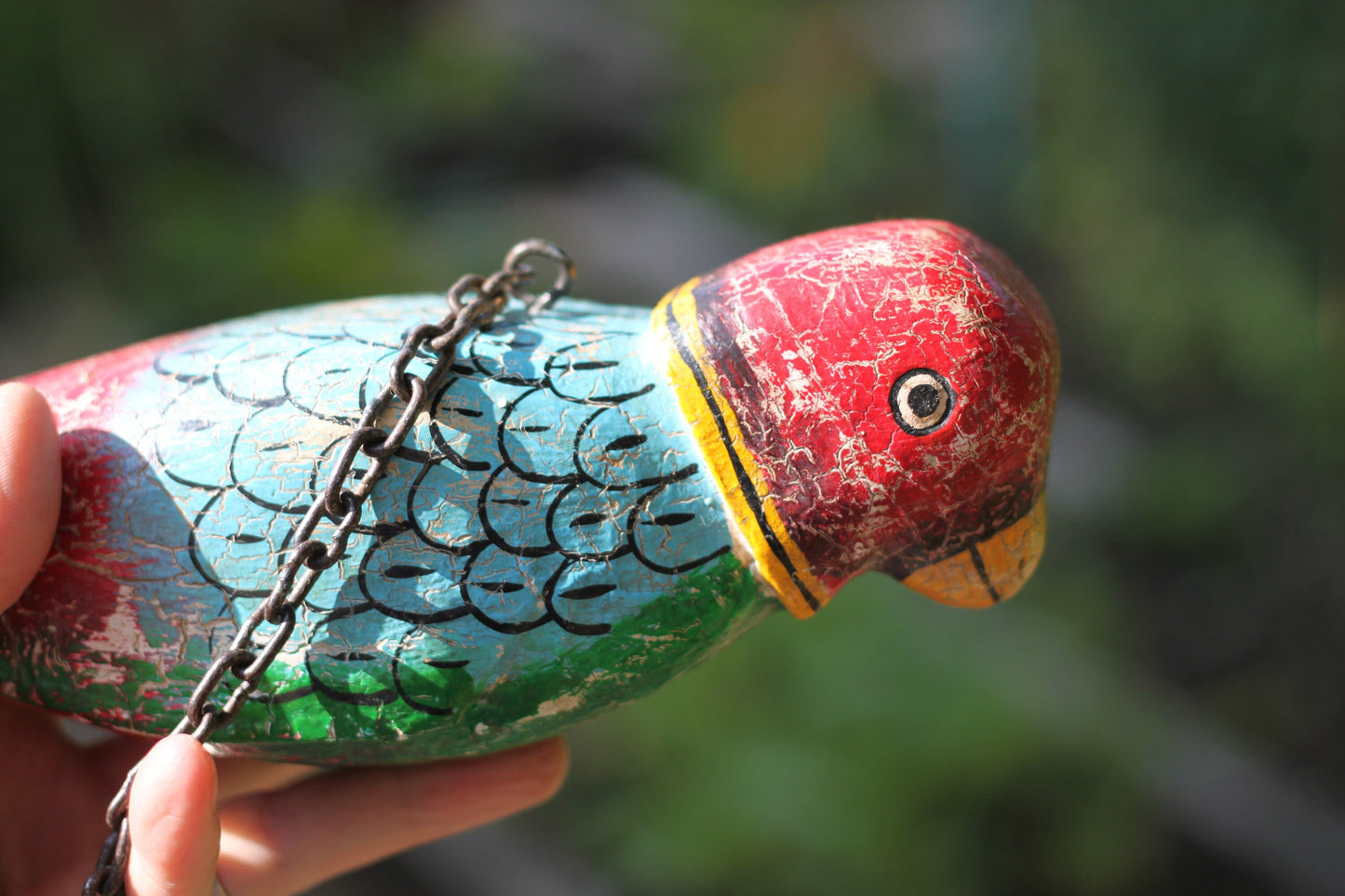 A Hand Made and Painted Colourful Hanging Wooden Parrot 43cm Long