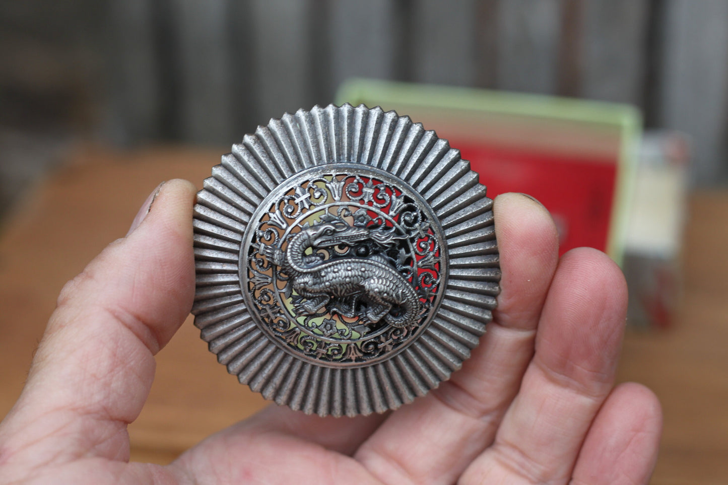 A Mid 20th Century French White Metal Komodo Dragon Design Buckle Signed L W Paris of France, 6.5cm in Diameter