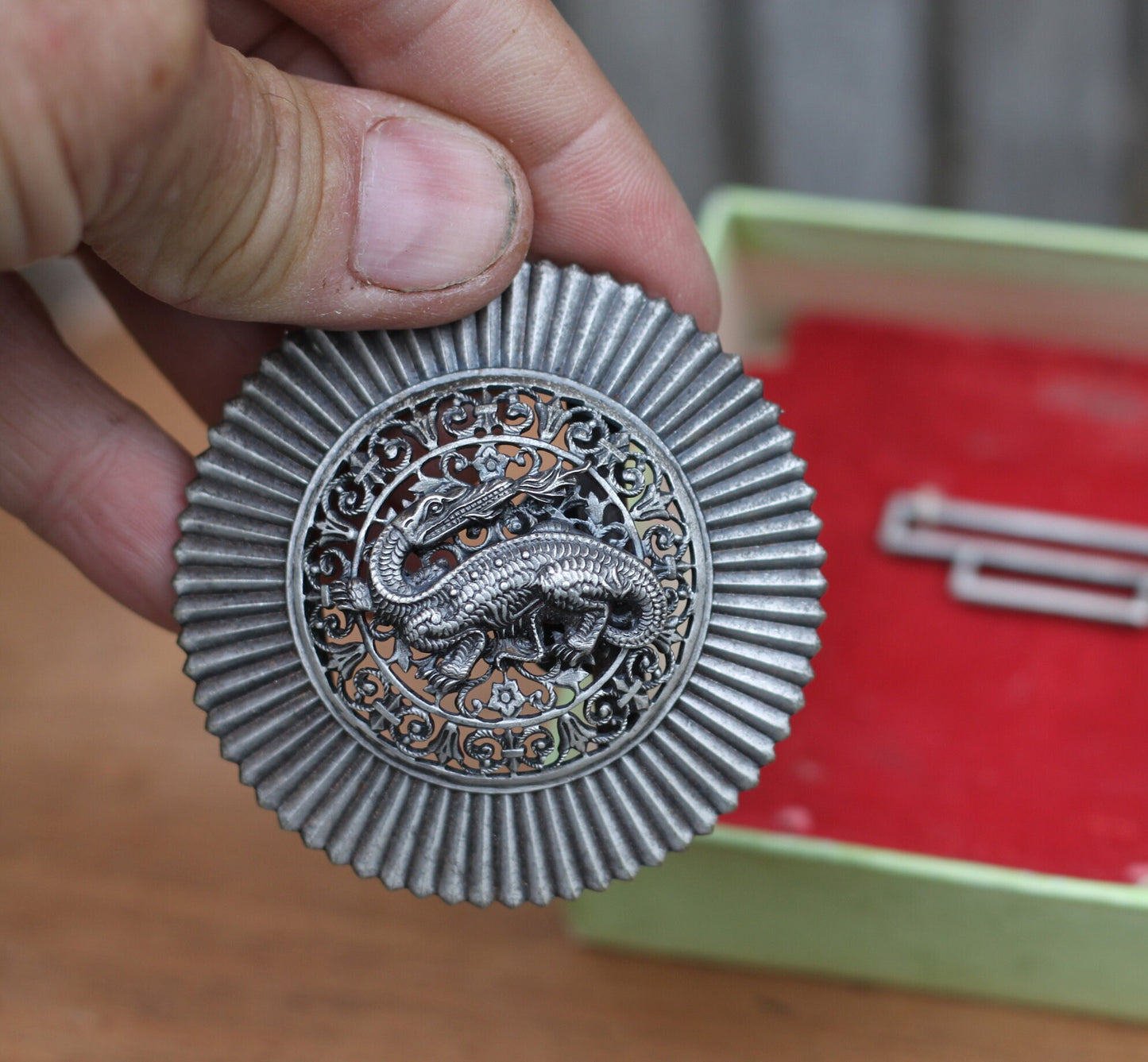 A Mid 20th Century French White Metal Komodo Dragon Design Buckle Signed L W Paris of France, 6.5cm in Diameter