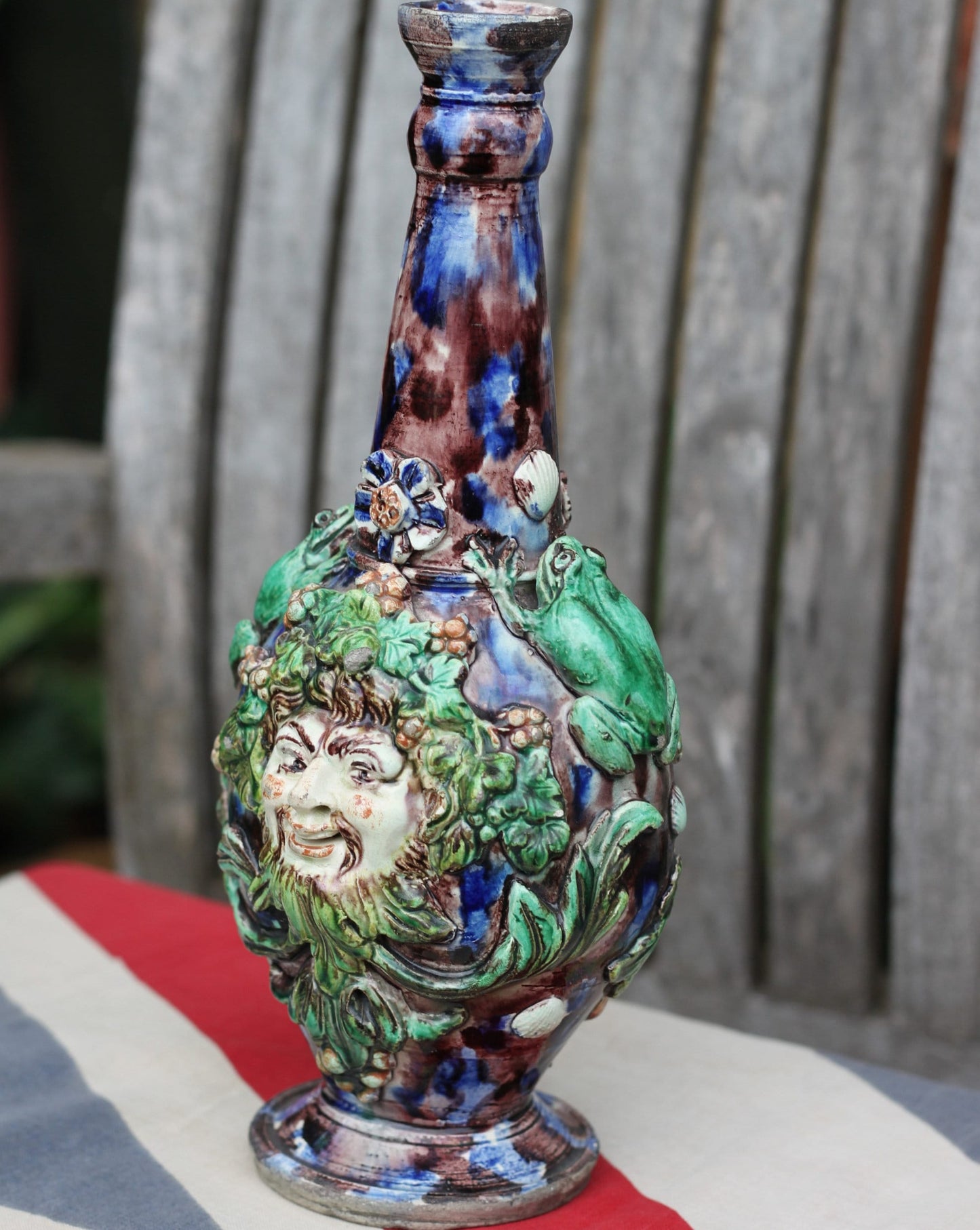 A Palissy Style Majolica Bacchus Flask or Vase, Base Impressed with letters LA, 24.5cm