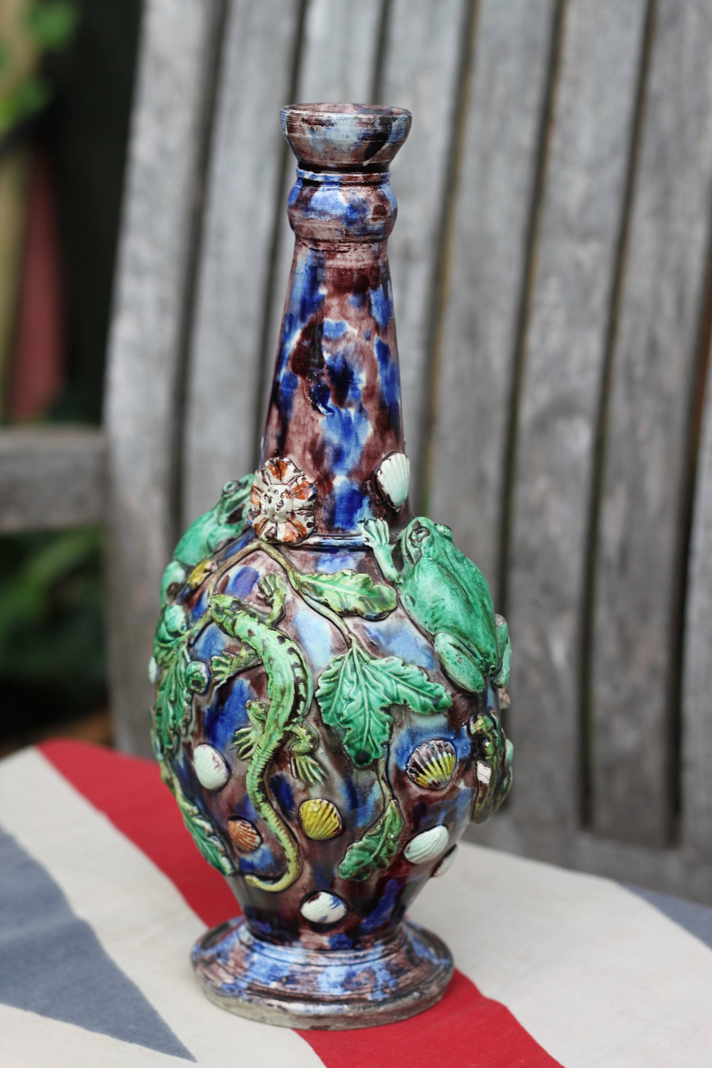 A Palissy Style Majolica Bacchus Flask or Vase, Base Impressed with letters LA, 24.5cm