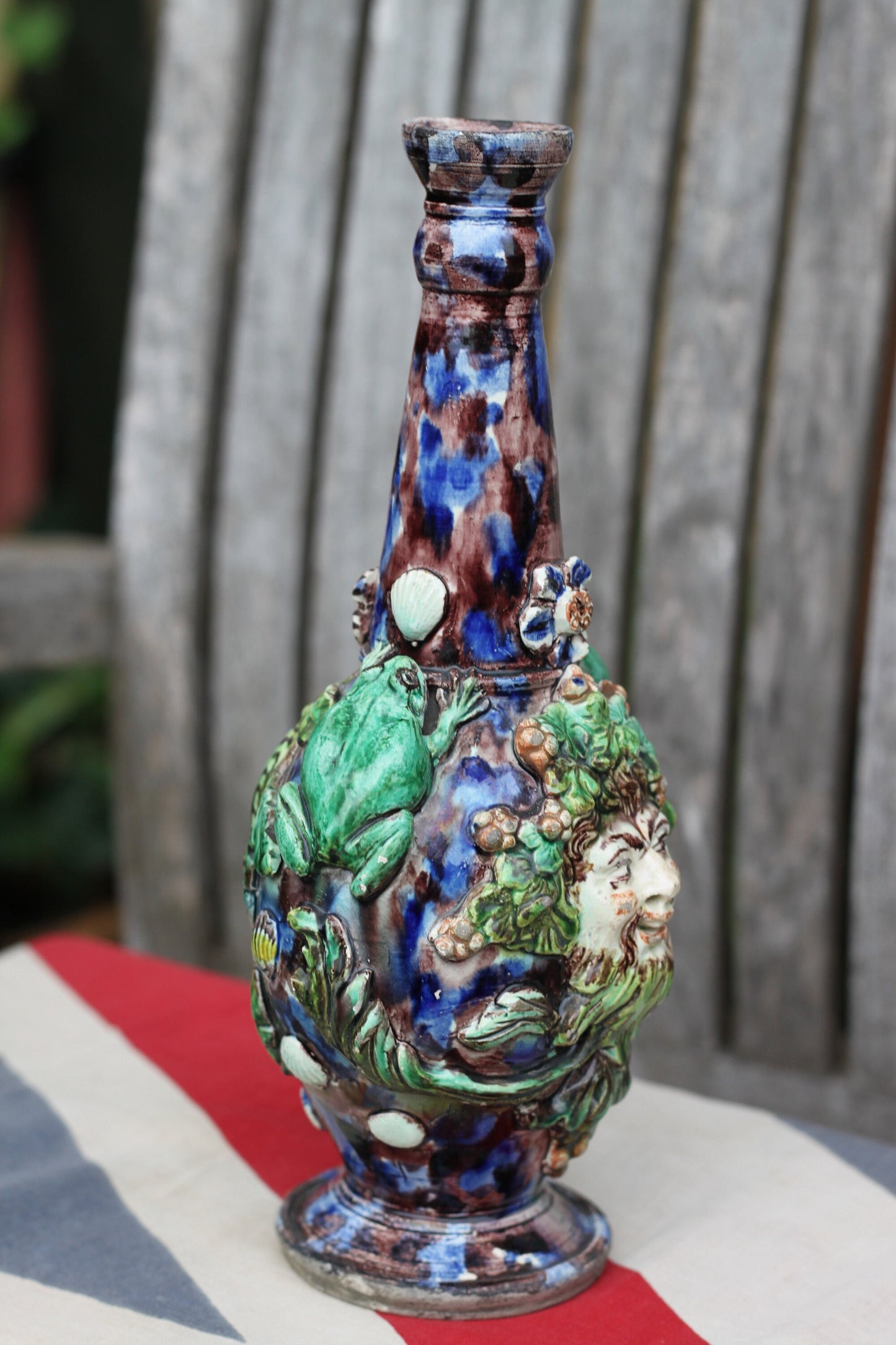 A Palissy Style Majolica Bacchus Flask or Vase, Base Impressed with letters LA, 24.5cm