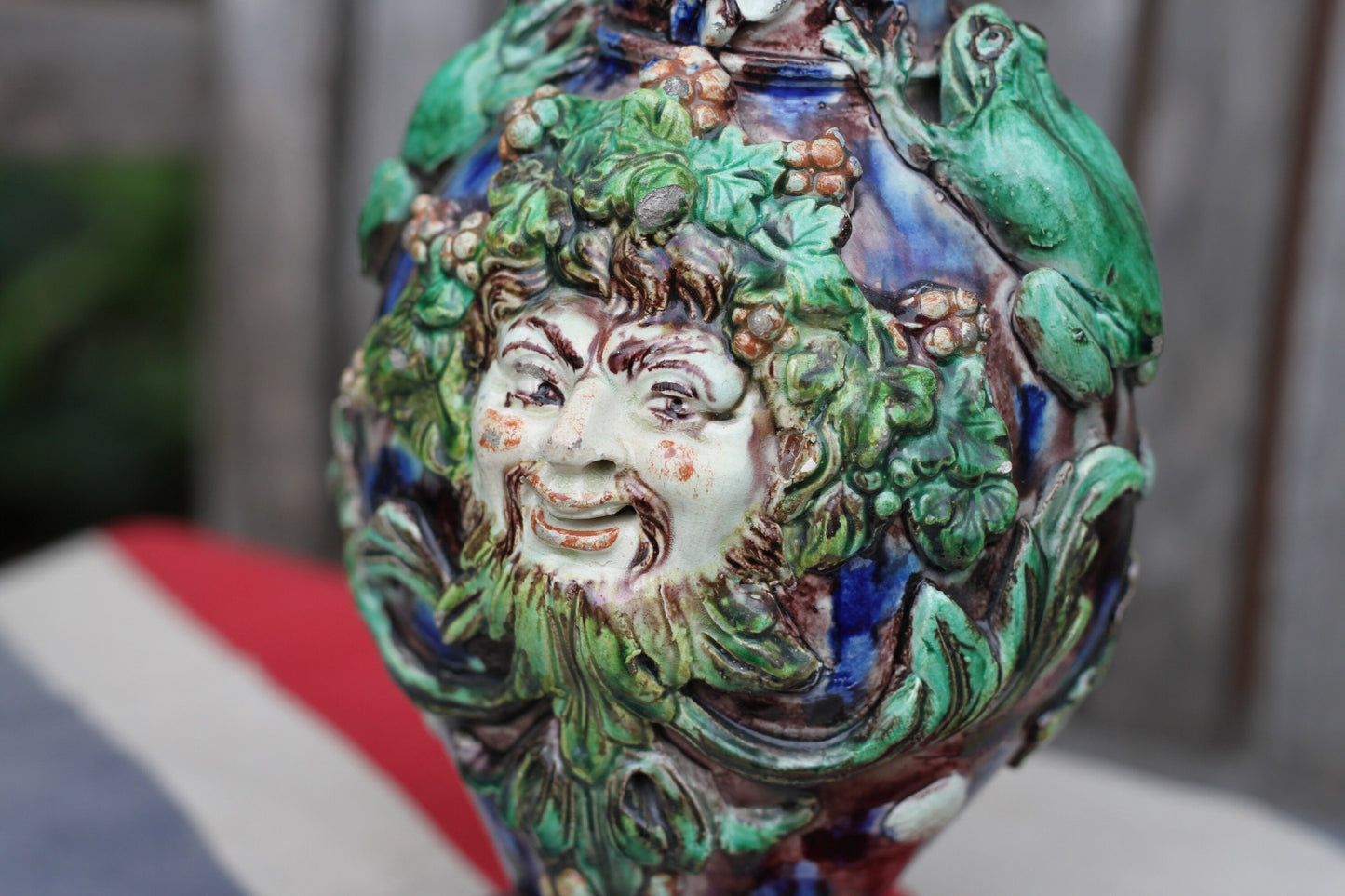 A Palissy Style Majolica Bacchus Flask or Vase, Base Impressed with letters LA, 24.5cm