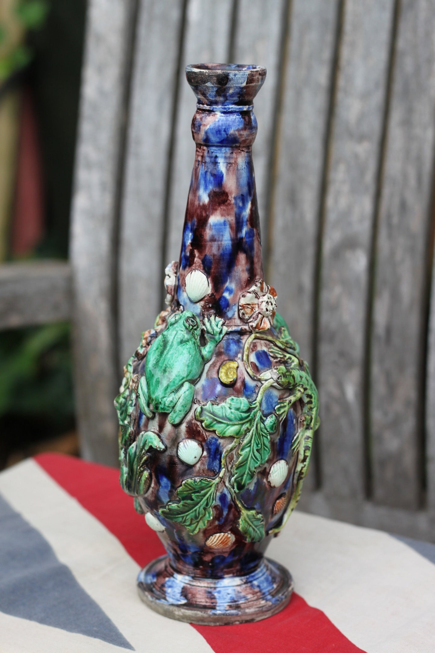 A Palissy Style Majolica Bacchus Flask or Vase, Base Impressed with letters LA, 24.5cm