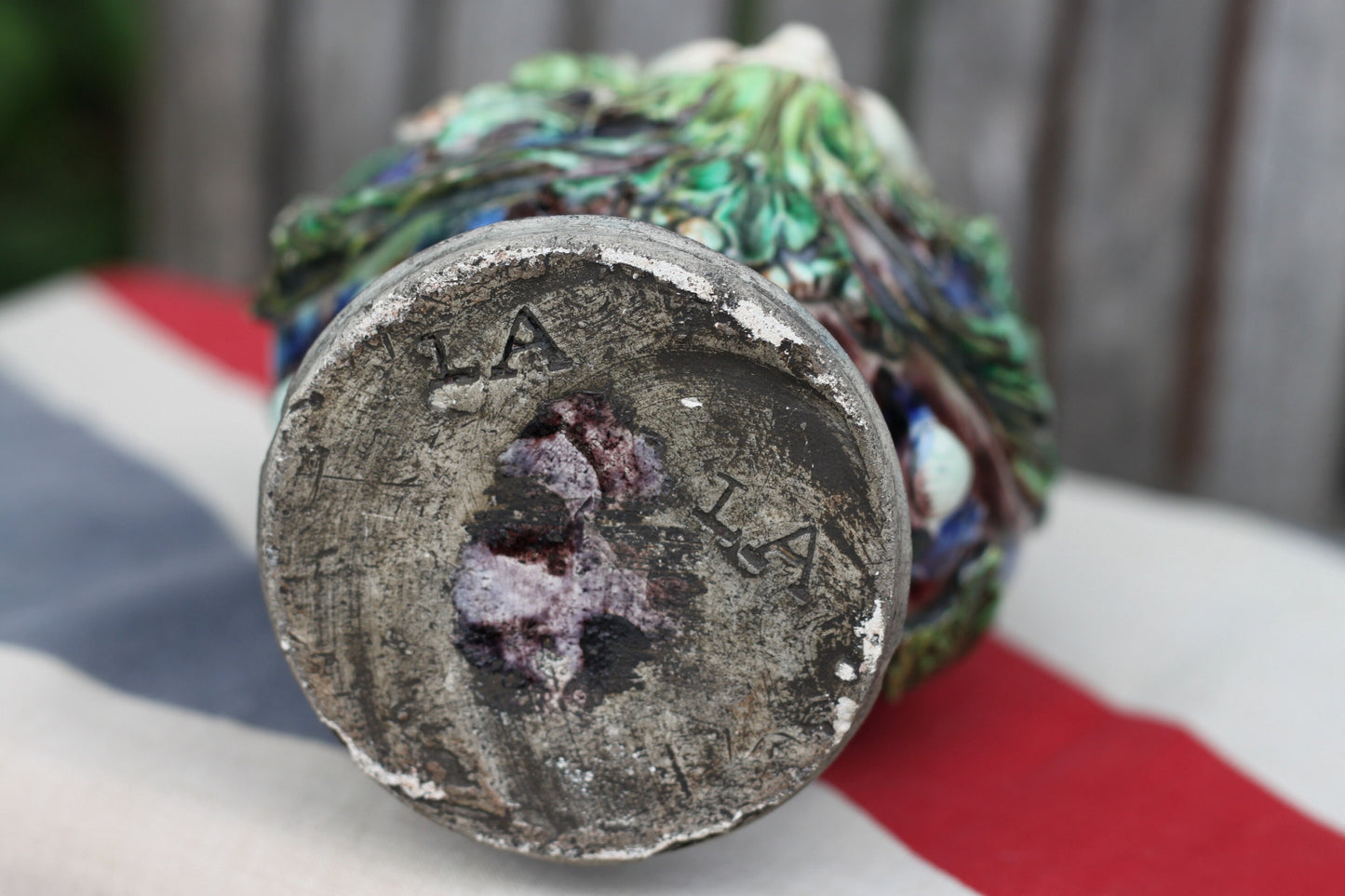 A Palissy Style Majolica Bacchus Flask or Vase, Base Impressed with letters LA, 24.5cm