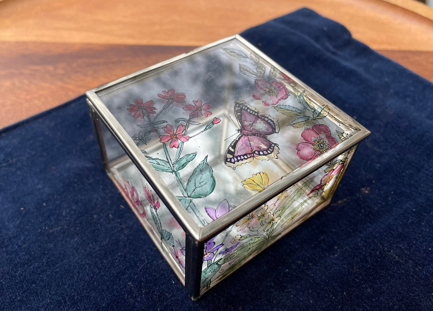 A Vintage Hand Painted Butterfly Flower Box Mirror Bottom 6.5cm wide