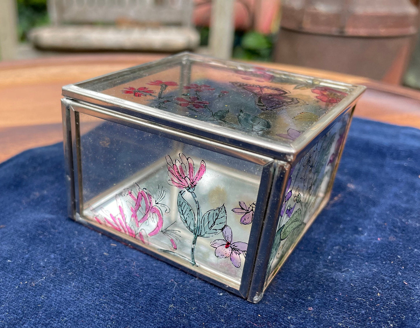 A Vintage Hand Painted Butterfly Flower Box Mirror Bottom 6.5cm wide