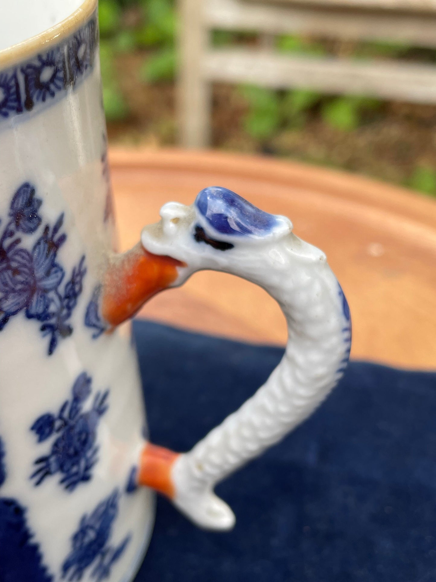 A Chinese 18th Century Antique Hand Painted Porcelain Mug With Garden Scene and Dragon Design Handle 11.5cm Tall