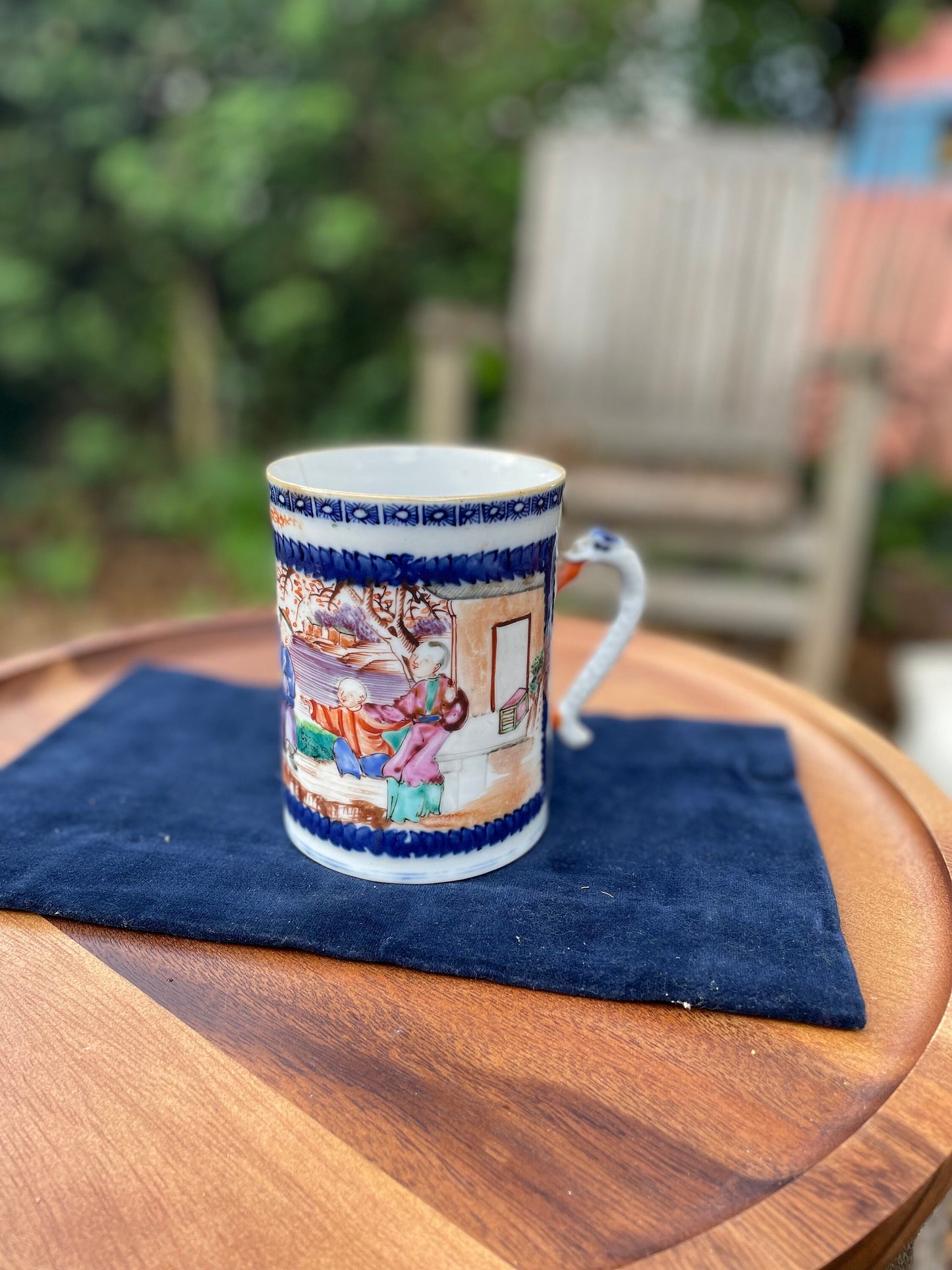 A Chinese 18th Century Antique Hand Painted Porcelain Mug With Garden Scene and Dragon Design Handle 11.5cm Tall
