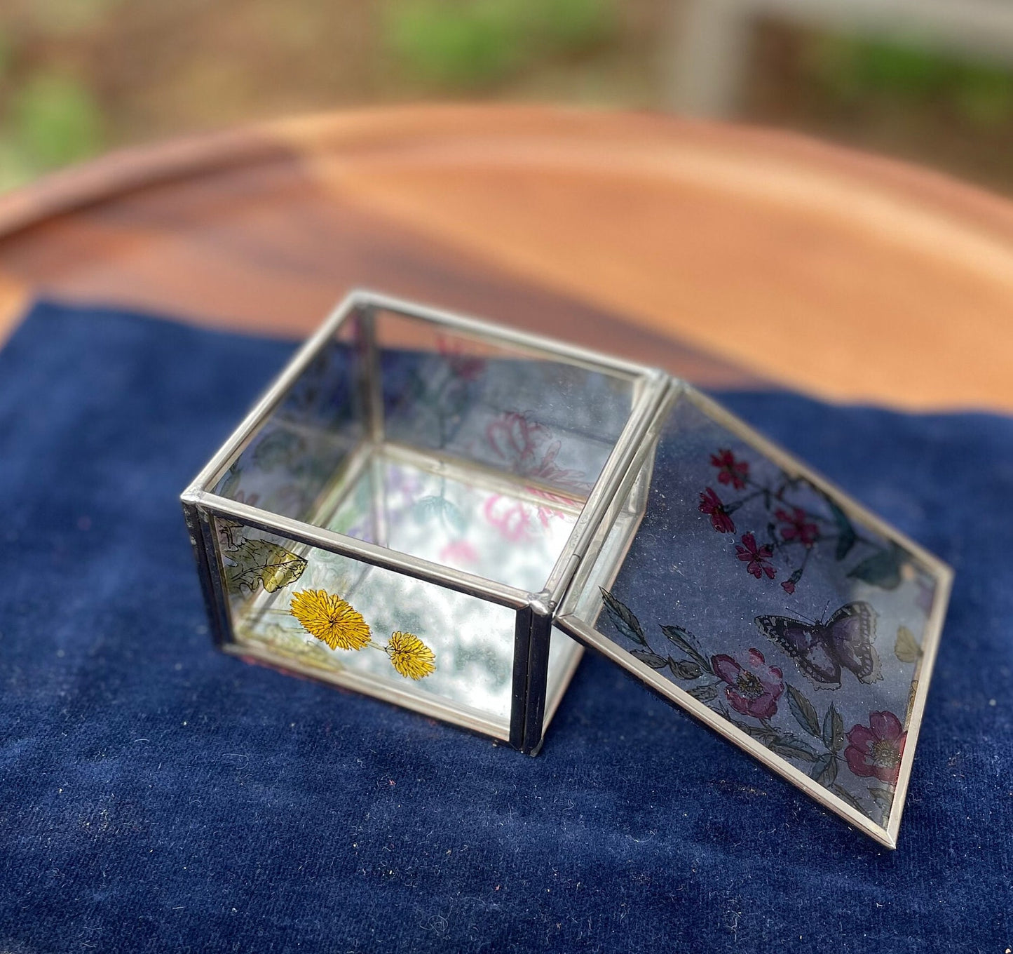 A Vintage Hand Painted Butterfly Flower Box Mirror Bottom 6.5cm wide
