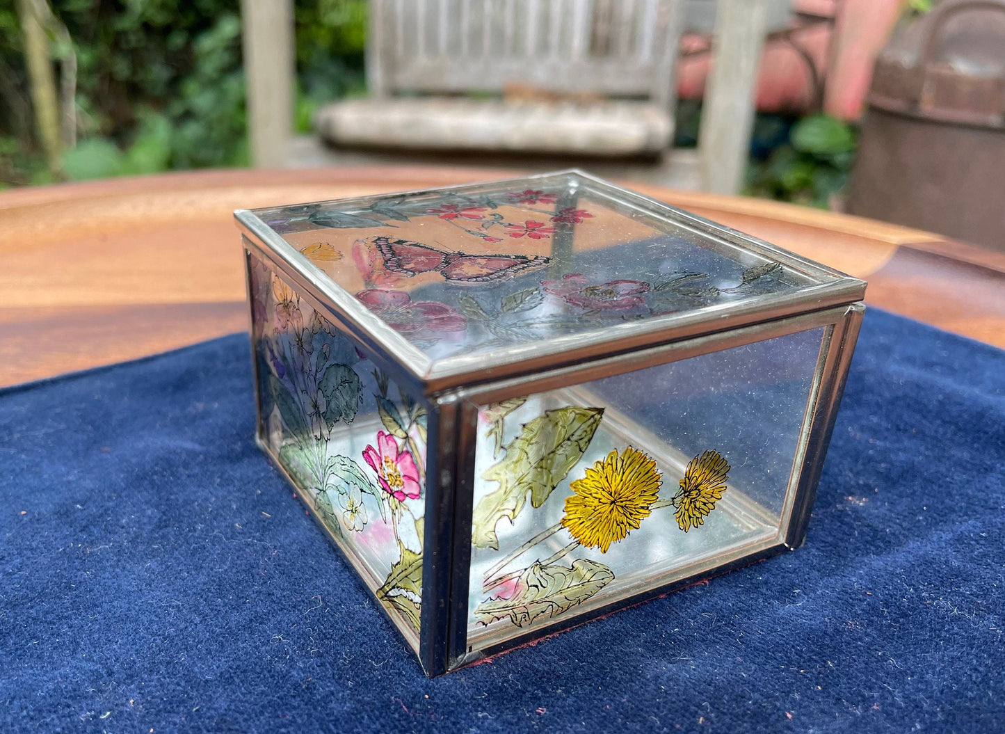 A Vintage Hand Painted Butterfly Flower Box Mirror Bottom 6.5cm wide