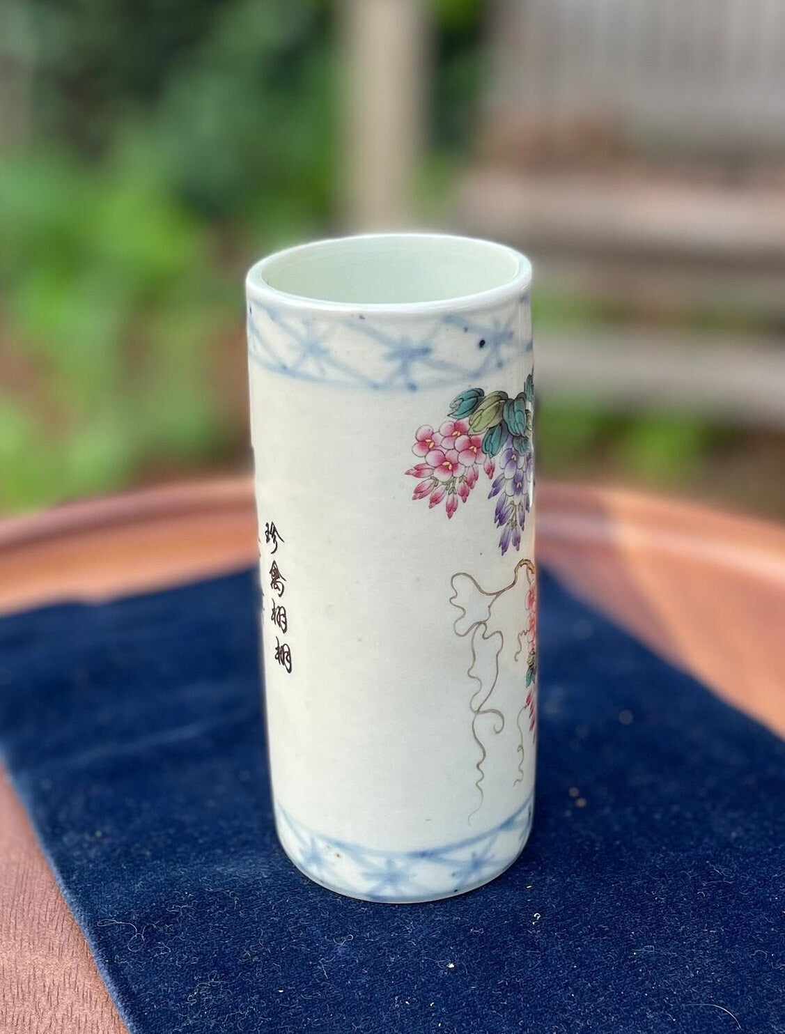 A Chinese Porcelain Cylinder Vase, Transfer Printed Birds and Blossom and Text, Clear Mark to Base 12cm Tall