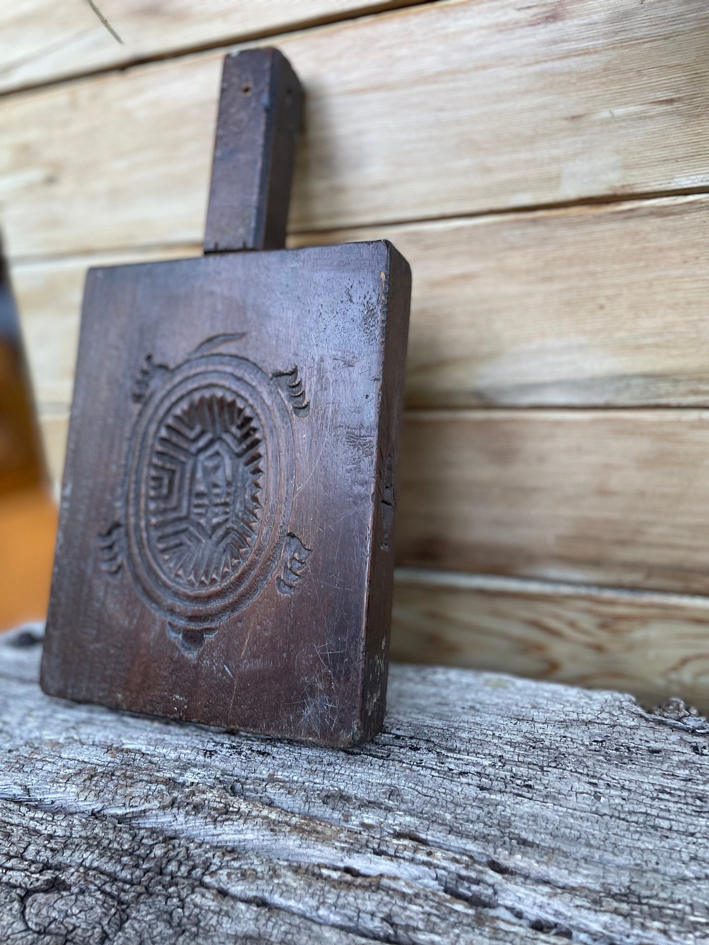 A Hand Carved Hardwood 19th/early 20th Century Japanese Wooden Reversible Rice Mould 27.5cm Long incl. Handle