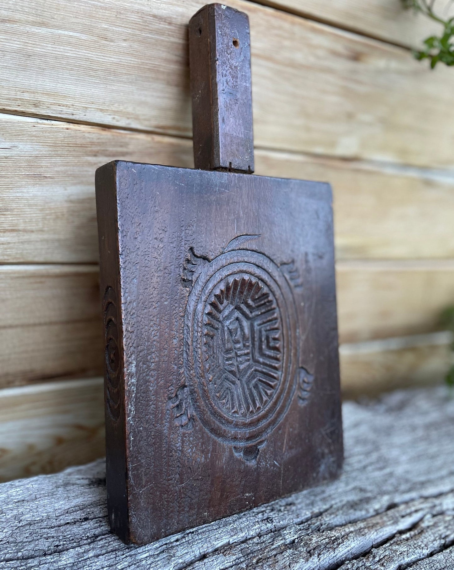 A Hand Carved Hardwood 19th/early 20th Century Japanese Wooden Reversible Rice Mould 27.5cm Long incl. Handle