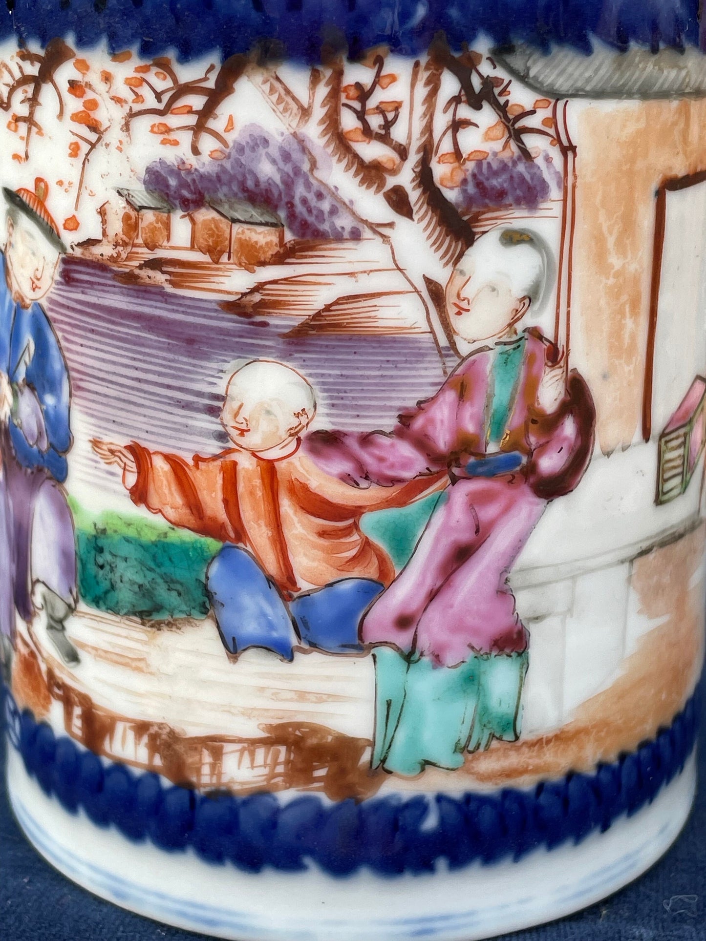 A Chinese 18th Century Antique Hand Painted Porcelain Mug With Garden Scene and Dragon Design Handle 11.5cm Tall